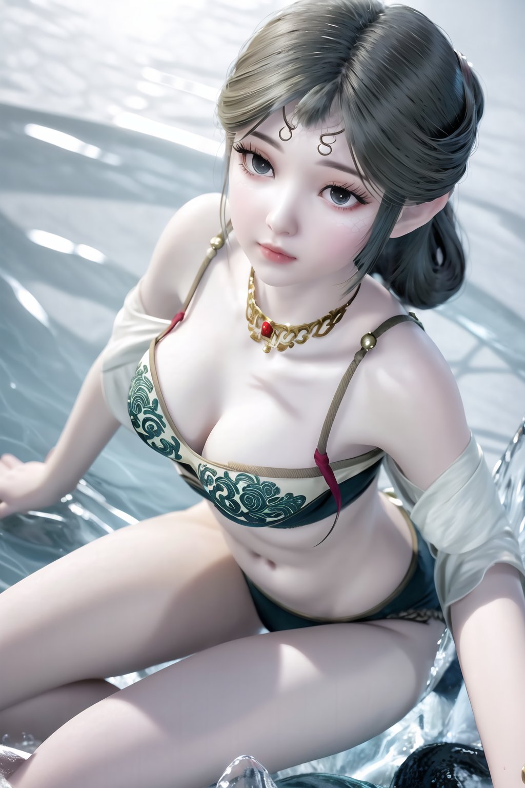 (8k, RAW photo, best quality, masterpiece:1.2),(realistic, photorealistic:1.3), ultra-detailed, extremely detailed cg 8k wallpaper,(crystalstexture skin:1.2), extremely delicate and beautiful,1girl, solo, magic, water, black_hair, glowing, simple_background,(full shot), (breasts, medium_breasts, cleavage:1.2), looking_at_viewer, standing, spread legs,