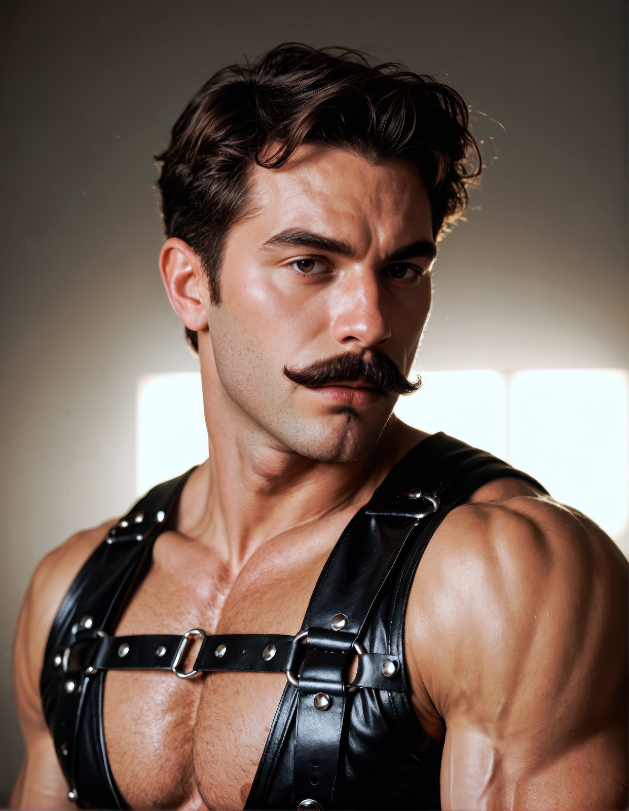 score_9, score_8_up, score_7_up, realistic lighting, photo, photorealistic, portrait of rugged man, brown hair, thick moustache, intense expression, wearing a black leather vest, muscular build, shoulder harness, dramatic lighting, gritty and tough