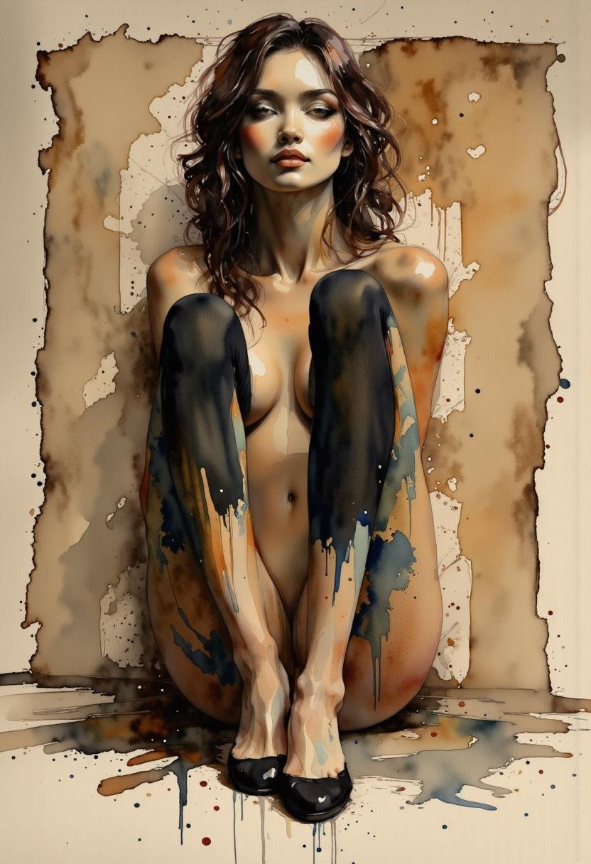 A watercolor painting of a young woman sitting on the ground with her legs folded. She is wearing black high heels and leg...