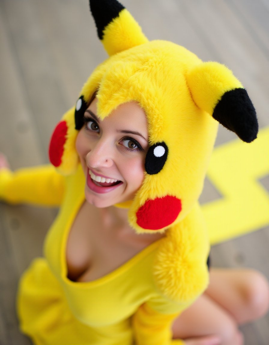 <lora:AmateurQuironStyle_FLUX:1.4> AmateurQuironstyle,, Flash and Amateur Photography a close up of   a  woman, smiling , a female  cosplay  Pikachu (Pokémon): With its yellow fur, red cheeks, and lightning bolt-shaped tail, Pikachu is a fun and recognizable character for cosplay, especially for Pokémon fans.