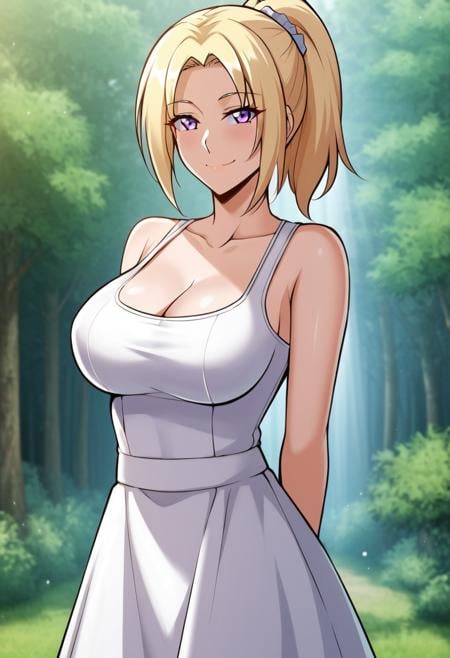 nightingalertw, blonde hair, medium hair, ponytail, purple eyes, large breasts, ,  looking at viewer, cleavage, sundressBREAKforest, nature,  outdoors,BREAKstanding, cowboy shot, looking at viewer, standing, closed mouth, sexy smile, flirty, arms behind backBREAKbest quality, masterpiece,score_9, score_8_up, score_7_up, perfect hand,  source_anime, rating_explicit,manhwa, webtoon, <lora:Nightingale:0.8>