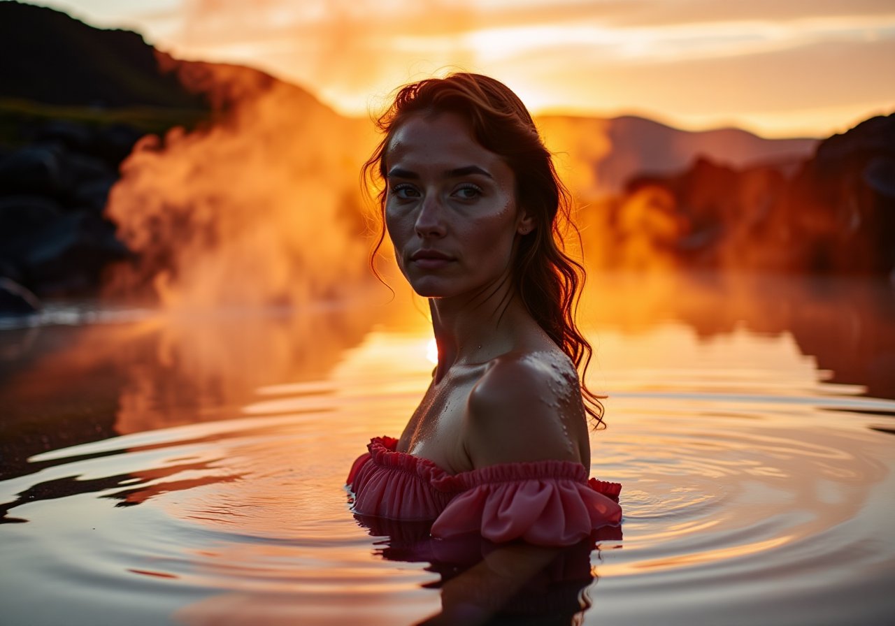 closeup of 20 year old scientist woman's face, rose dress, wide hips emerging from a still water in the pieceful iceland hot water spring, steam rising in red sunrise. exceptional photo, soft shadows, golden backlight