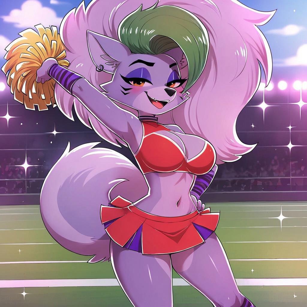 Roxanne_CubedCoconut_style, gray skin, red bikini, red skirt, cheerleader, piercing in the ears, orange eyes, score_9, score_8_up, score_7_up, anthro, source_furry, blush, best quality, amazing quality, full body, on stadion, day, looking at viewer, smug