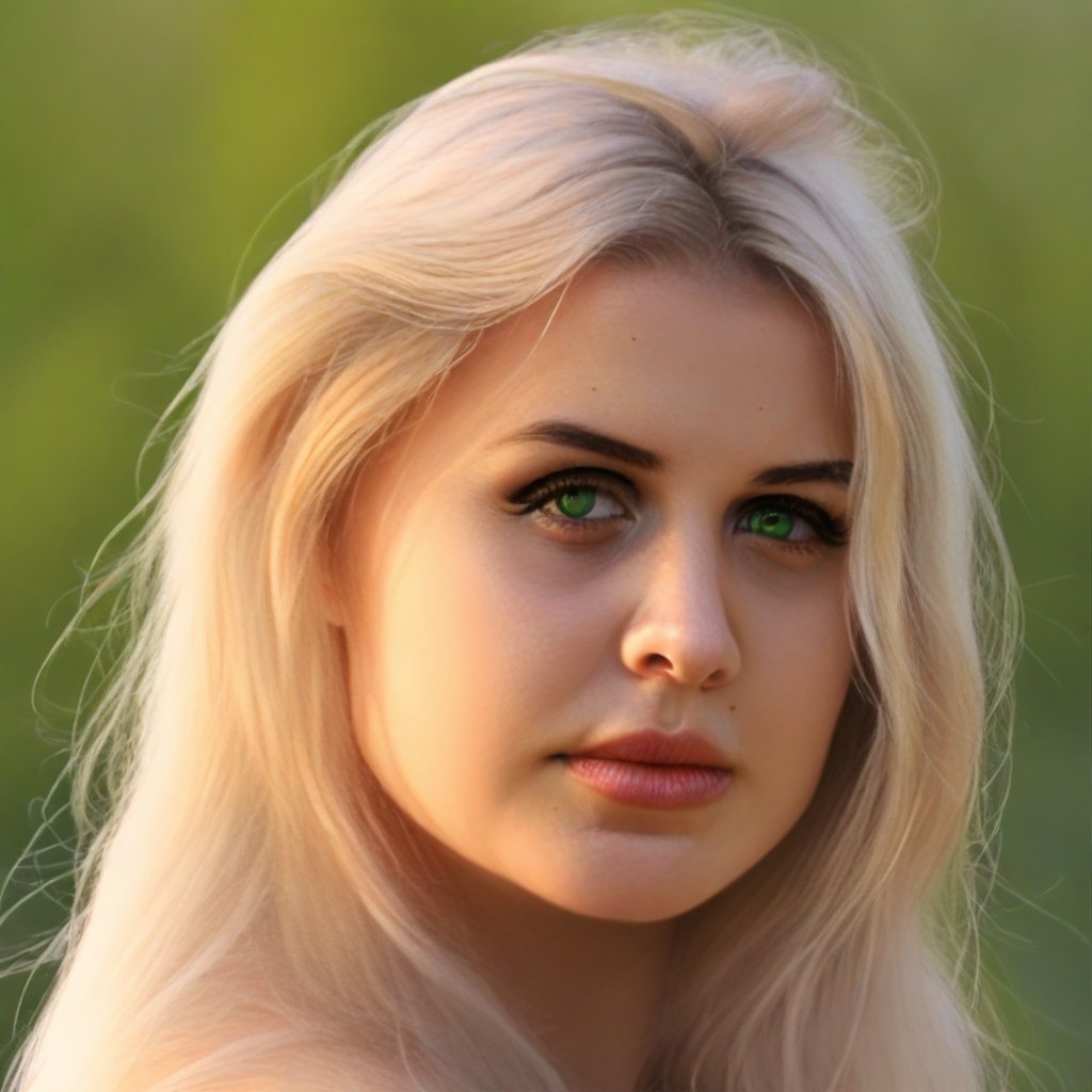 mikas, 1girl, solo, realistic, portrait, blonde hair, long hair, beautiful, green eyes, uncensored