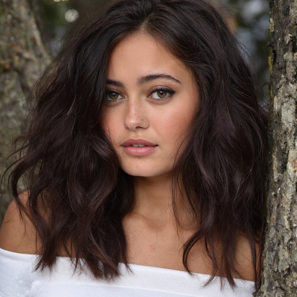 A close-up portrait of ella_purnell with long, wavy black hair and striking green eyes. She leans against a textured tree trunk, her gaze directed slightly to the side. The background is blurred, emphasizing the subject. The woman wears a white, off-the-shoulder top. The image has a soft, natural color palette, with the brown of her hair and the green of her eyes contrasting against the darker tones of the tree trunk and the lighter background.