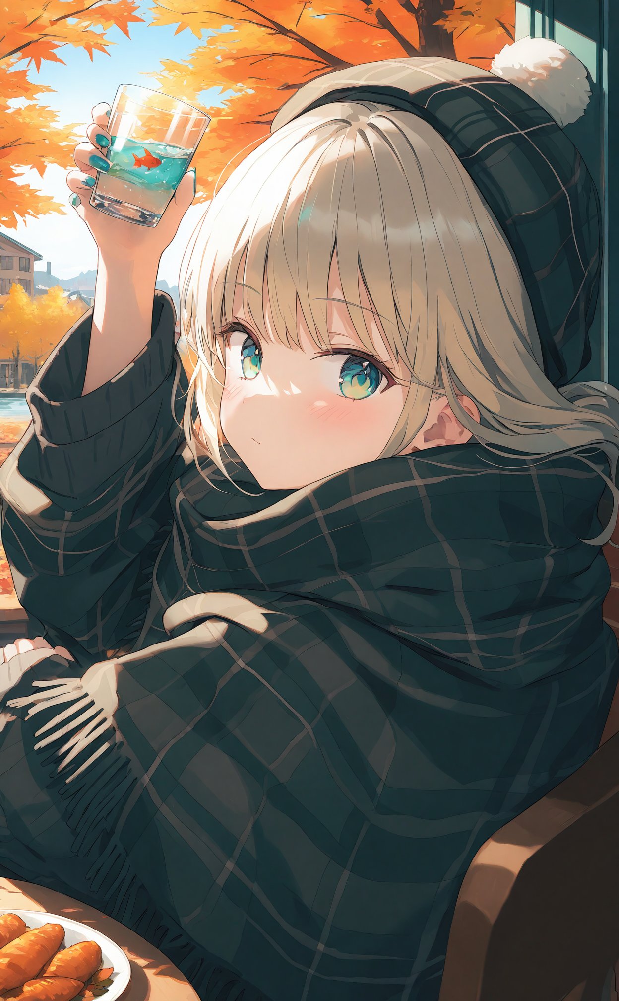 masterpiece,best quality,high quality,(colorful),loli,1girl,cup,solo,holding,looking at viewer,autumn,plaid headwear,holding cup,autumn leaves,green eyes,hat,nail polish,closed mouth,long sleeves,blush,fish,sweater,indoors,pom pom \(clothes\),plaid,looking back,sitting,green nails,drinking glass,green headwear,upper body,aqua nails,long hair,window,tree,food,grey hair,maple leaf,table,chair,day,blue nails,beanie,blonde hair,water,aqua eyes,plaid scarf,