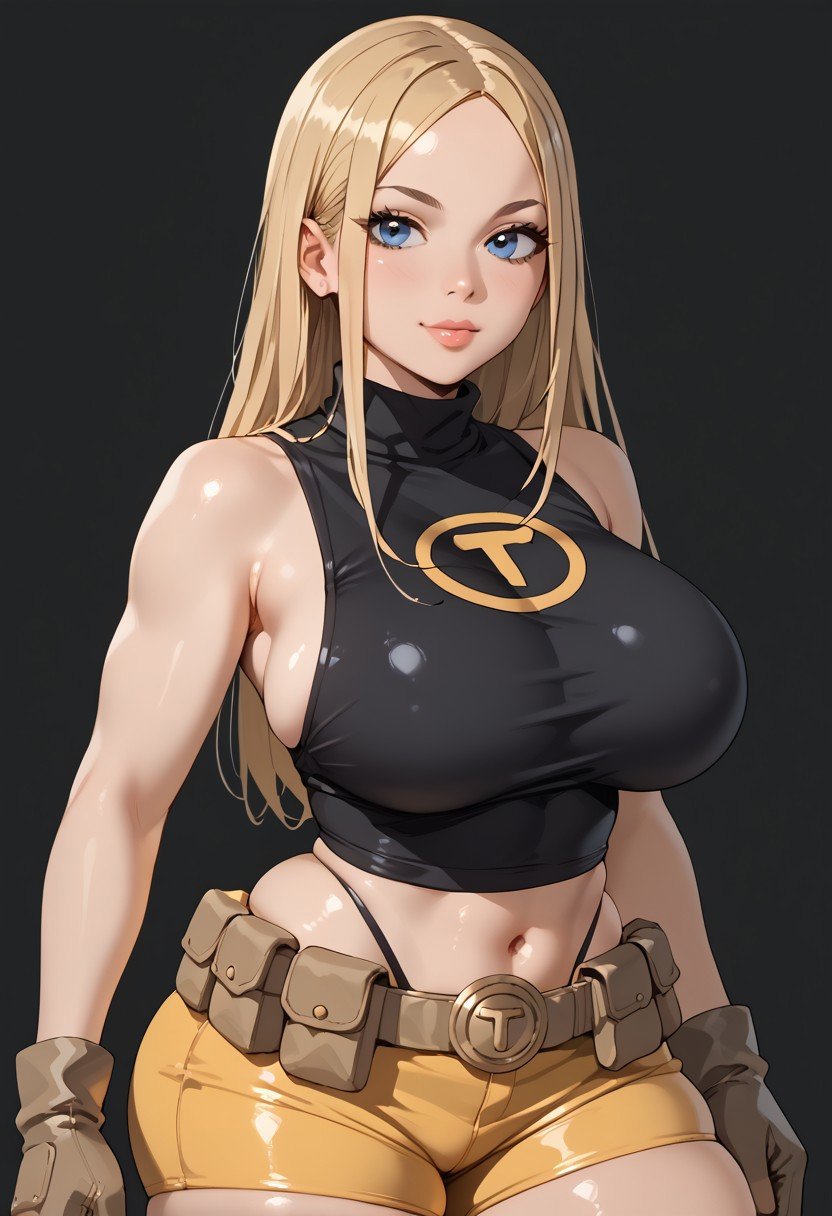 score_9, score_8_up, score_7_up, deep skin, shiny skin, skindentation, source_anime, high quality, highres, (curvy), ((((wide hips)))),, thick thighs, cute, , sexy, huge breasts, TerraTT, TerraSDXL, 1girl, blonde hair, long hair, blue eyes, forehead, parted bangs, black shirt, sleeveless, sideboob, turtleneck, midriff, navel, yellow shorts, biker shorts, brown belt, brown gloves, skintight shirt, solo,