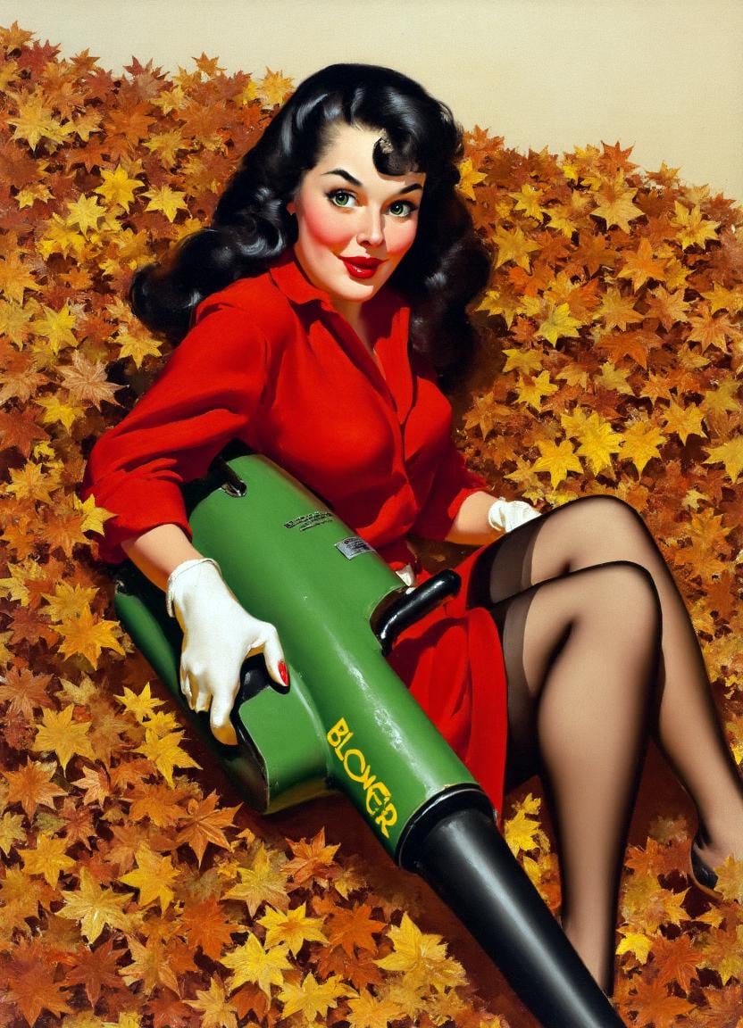 A realistic,  high-resolution painting by Gil Elvgren of a woman sitting a huge pile of brown,  orange and yellow leaves....
