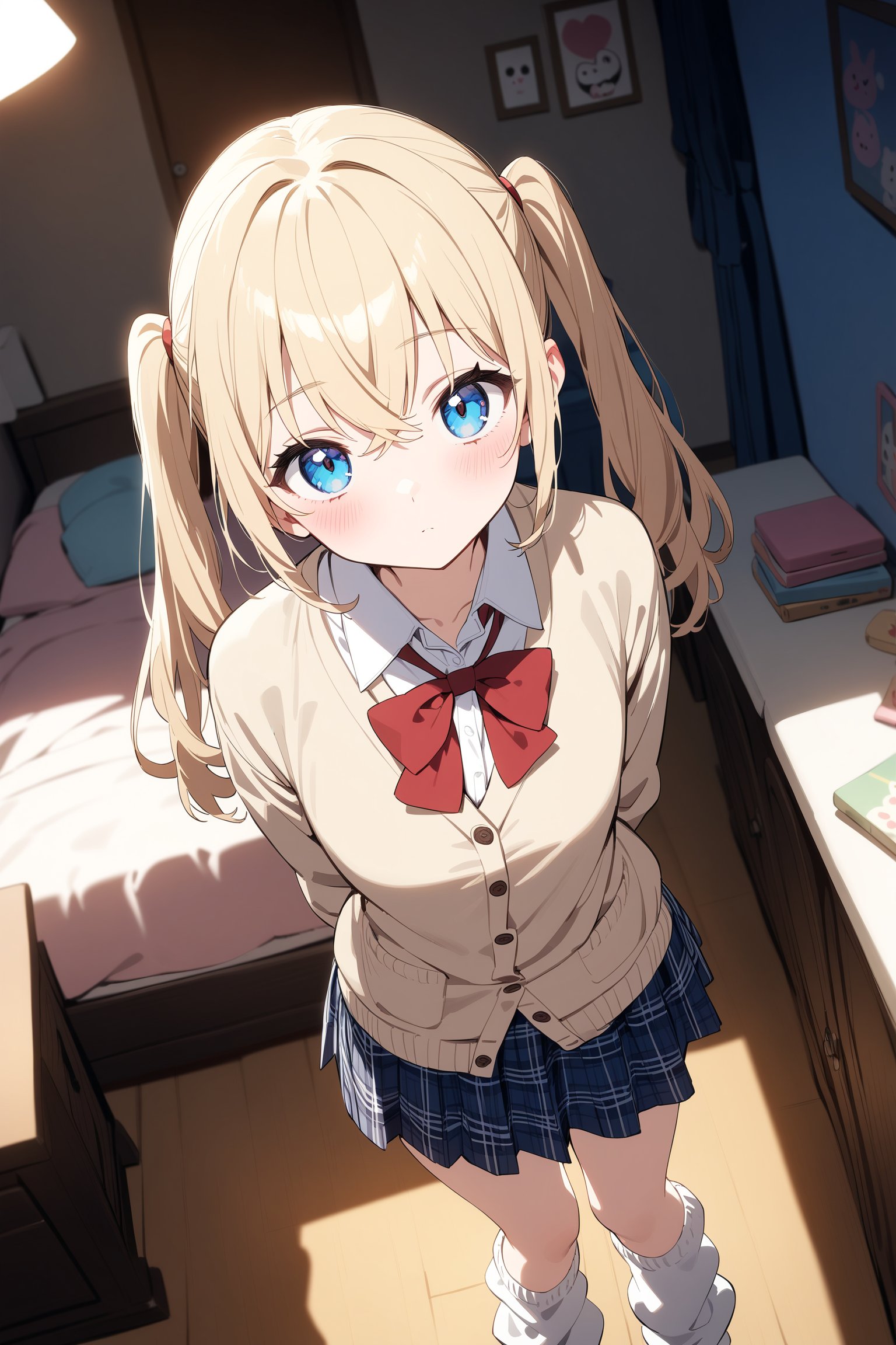 1girl, standing, pale-blonde hair, blue eyes, (twintails), crossed bangs, light brown cardigan, (plaid skirt:1.2), loose socks, red bowtie, kawaii, blush, head tilt, thigh, arms behind back, cozy room, looking at viewer, from above, cinematic angle, cinematic lighting, teenage, depth of field, masterpiece, best quality