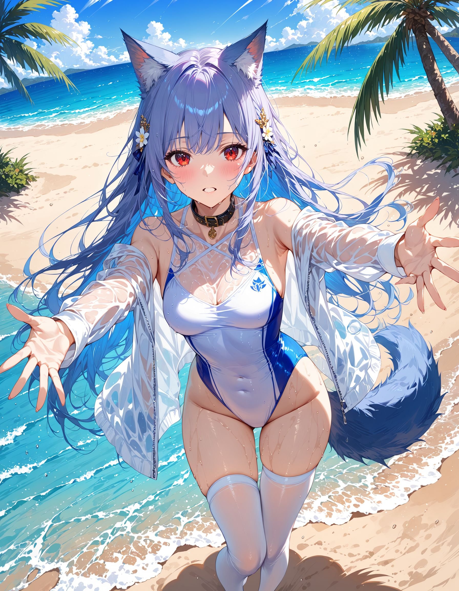 (((masterpiece portrait))), (((Ultra-detailed))), ((1girl)), wolf girl, gray hair, long hair, ((hair accessories)), collar, ((blue wolf ears)), (red eyes),medium breasts, (1wolf tail), ((white see-through jacket)), one-piece swimsuit, thighhighs, beach, sky and clouds, wind, breeze, ((beautiful and delicated fabric)), depth of field, amazing, beach, palm trees, pov, blushing, full body, wet, ((incoming hug)), masterpiece, ultra-detailed, best quality ,intricate details,