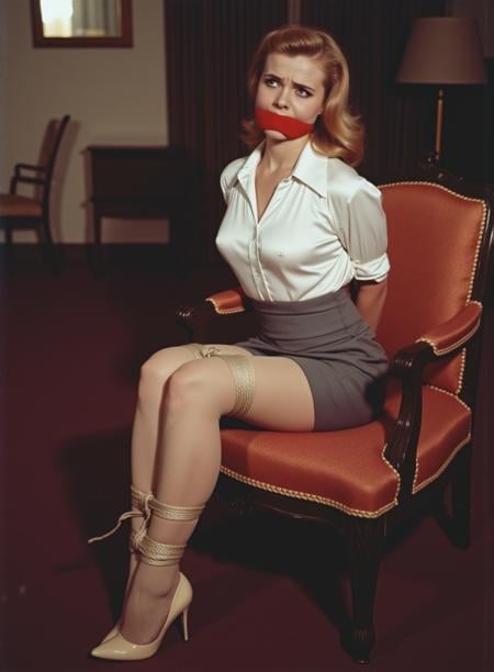 A vintage photo from the 1950s of a beautiful woman sitting on a richly ornamented armchair. she is wearing a pulled up grey short skirt, a white satin blouse, beige pantyhose, white panties and high heels and has a (very concerned look on her face and one eyebrow raised). (her legs are pressed together) and she is tied up with rope around her legs and arms, her knees and ankles together, she has her arms behind her back and her (mouth is covered by a red piece of cloth). a lightsource is casting shadows on her. its an image shot on technicolor film with grain and bokeh and (the background extremely blurry so no other objects are visible). she has a slim figure and small sized breasts that are hidden under her blouse. the is a rope around her waist between her legs and through her crotch