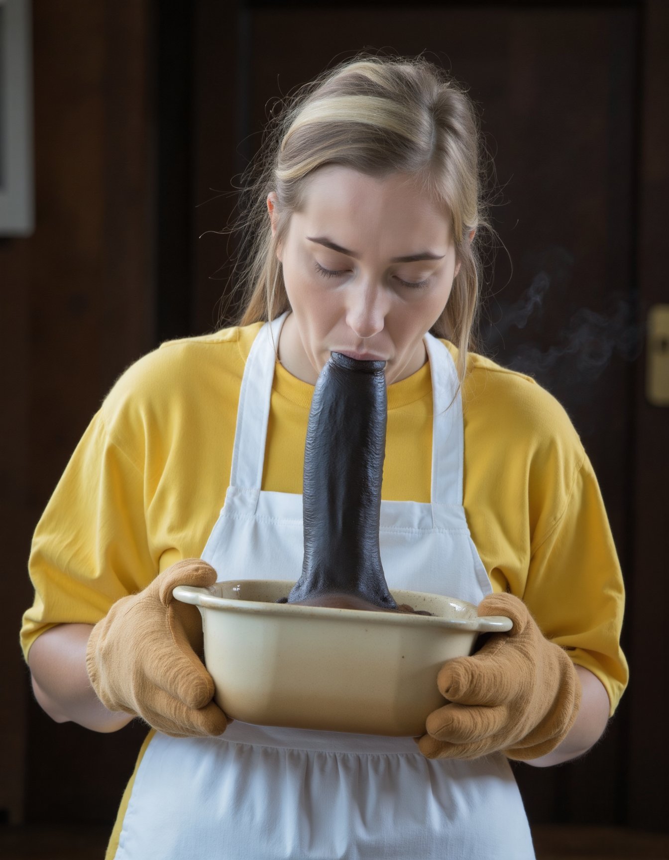 a tradition mother with a white apron and a yellow dress is holding a casserole with oven mittens. Steam is rising from the casserole. Out of the casserole is a black penis. The woman is sucking the black penis., best quality, 4k, 8k, high resolution, cinematic, vibrant, intricate, Hyperrealistic, high detail