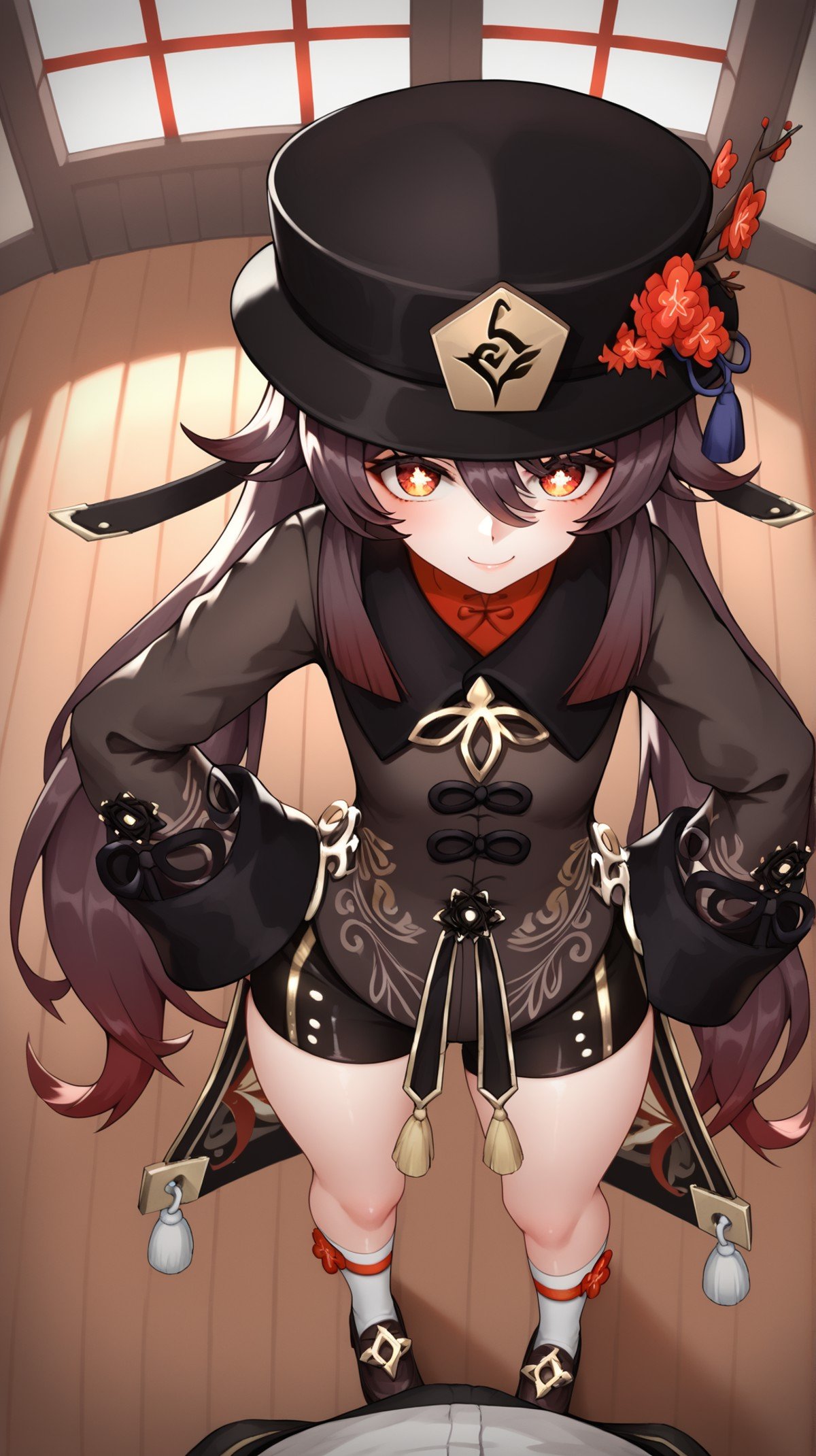 score_9, score_8_up, score_7_up,  1girl,  hu_tao_pony_xl, biker_shorts, flower on hat, tailcoat, twintails,  coat, coattail, rings, long hair, hu_tao <lora:hu_tao_genshin_impact_lora-000019:0.75>, thighs, curvy, source_anime, from above, spread arms,  room, wooden floor, window, hands on hip, from behind, learning forward, pov,