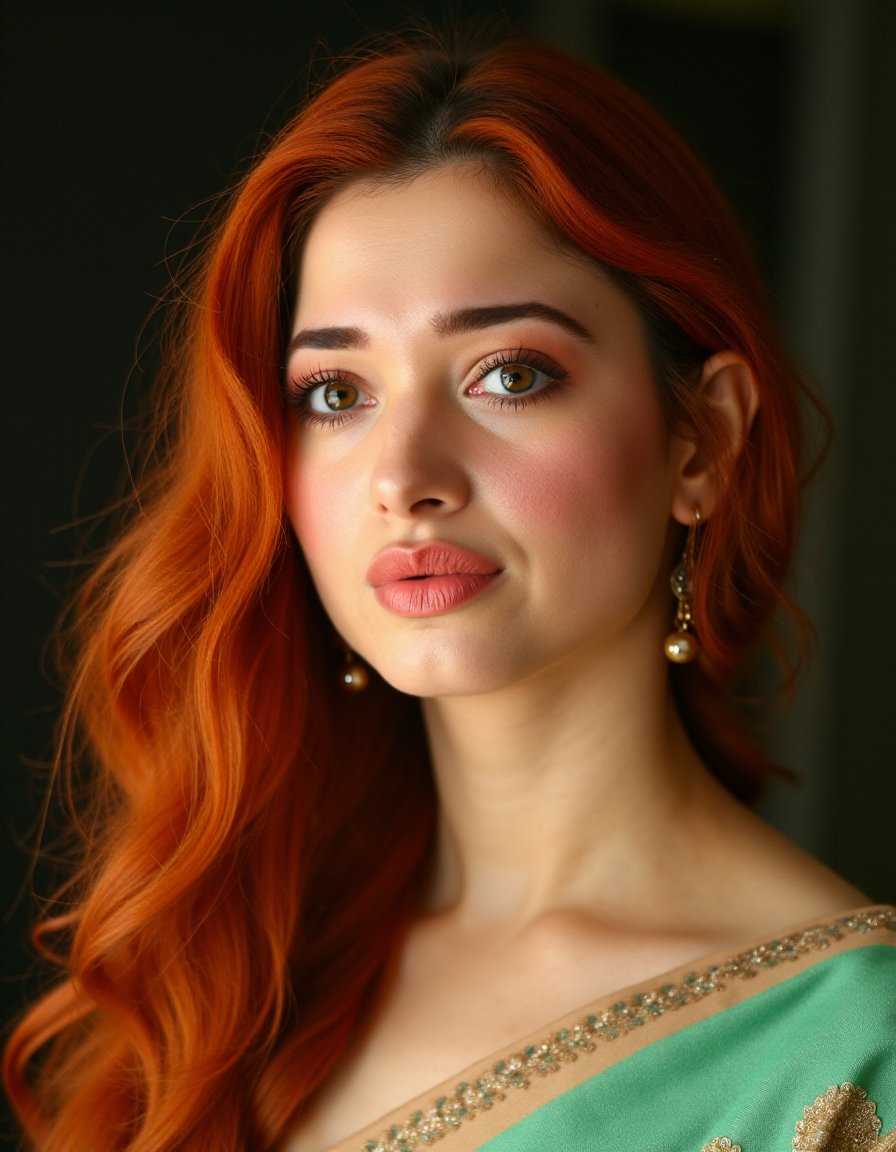 TamannaFlux,<lora:TamannaFluxV1:1.3>,a young woman with long red hair in blouse, in the style of light emerald and dark beige, pop inspo, captivating gaze, dark orange and light brown, angelina wrona, detailed facial features, 32k uhd TamannaFlux,<lora:TamannaFluxV1:1.3>, portrait of woman in a saree.