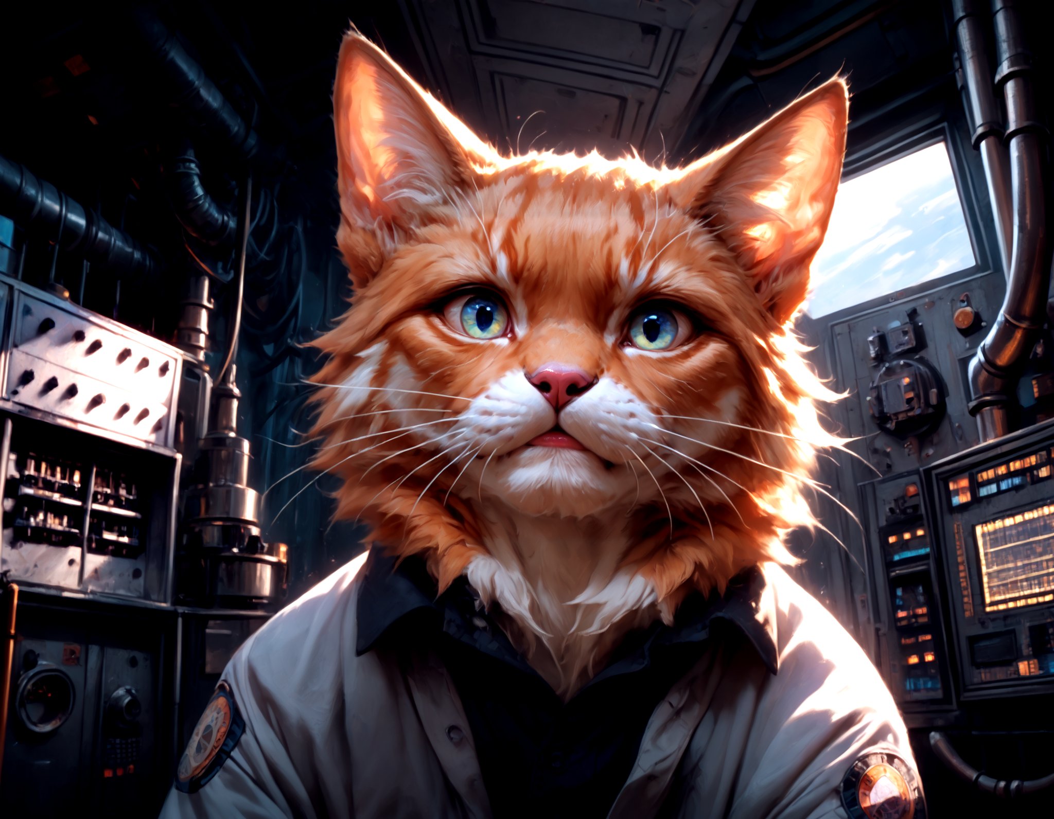 score_9, score_8_up, score_7_up, score_6_up, 4L13N style, orange cat, fur, cat ears, paws, space craft interior, metallic scientific equipment, front view, no human, science fiction, analog film photo, 35mm photo, grainy, vignette, vintage, highly detailed, <lora:4L13N Style_pony:1>