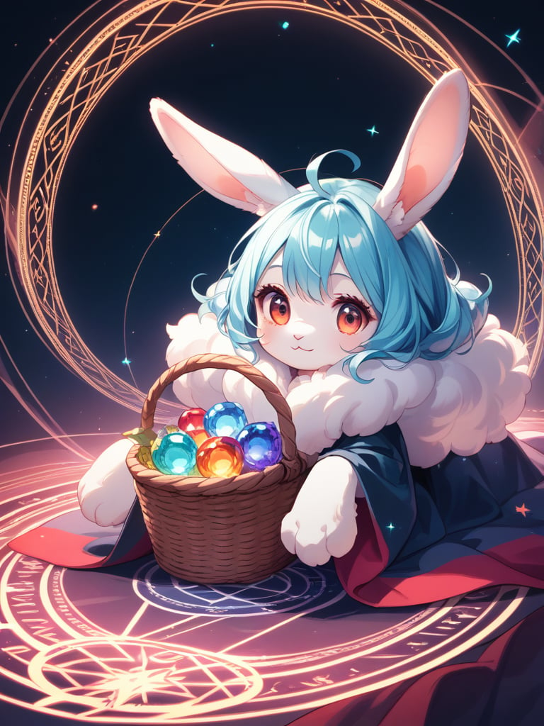 score_9, score_8_up, score_8,highly detailed, intricate, beautiful aesthetic,vibrant, extreme contrast, raytracing, dark colors, cute and adorable,fluffy (bunny rabit:1.2), in a blanket, basket,magic circle, magic array,no humans,