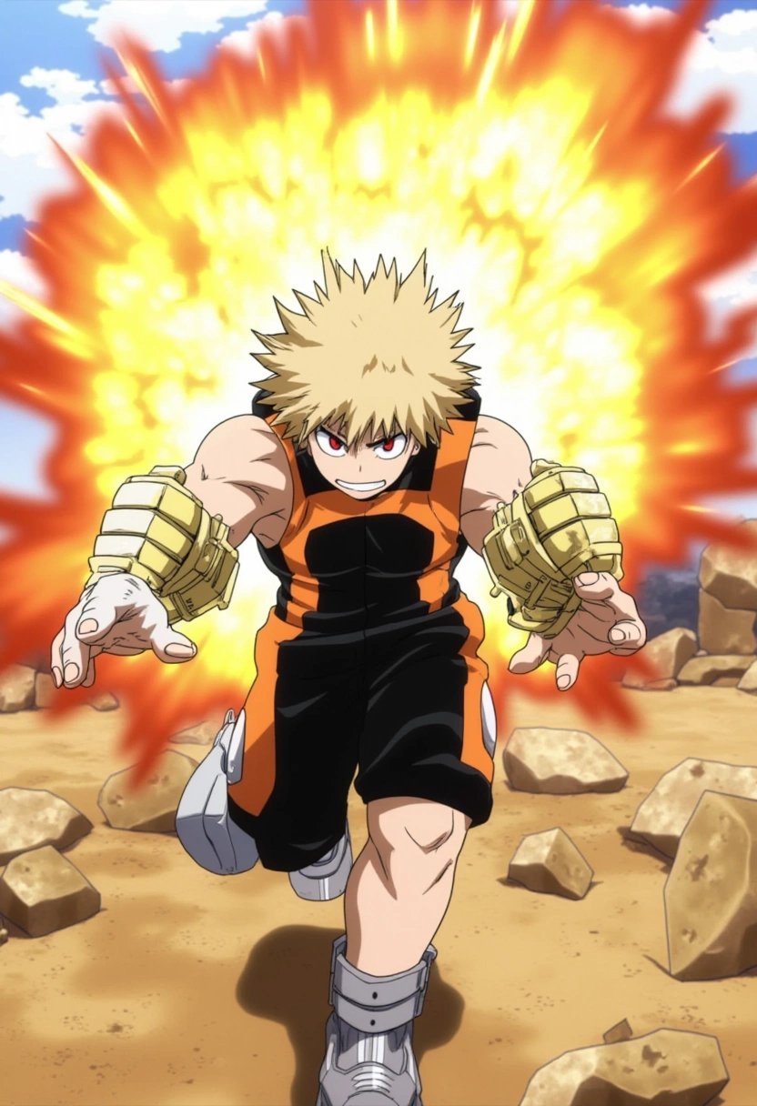 Katsuki Bakugo, a muscular young man with spiky blonde hair and sharp red eyes, unleashing a massive explosion from his hands. He wears a black and orange combat suit with grenade-shaped gauntlets. His expression is fierce, and his wild hair moves with the force of the explosion. The scene is full of debris and smoke as he charges forward. boku_no_hero_academia_style