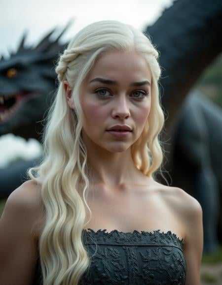 emilia clarke as daenerys targaryen in hbo's 'game of thrones' <lora:GOTemiliaClarkeQuiron_FLUX:1.7> GOTemiliaclarkeQuiron, a woman with white hair,  dragon in the background 