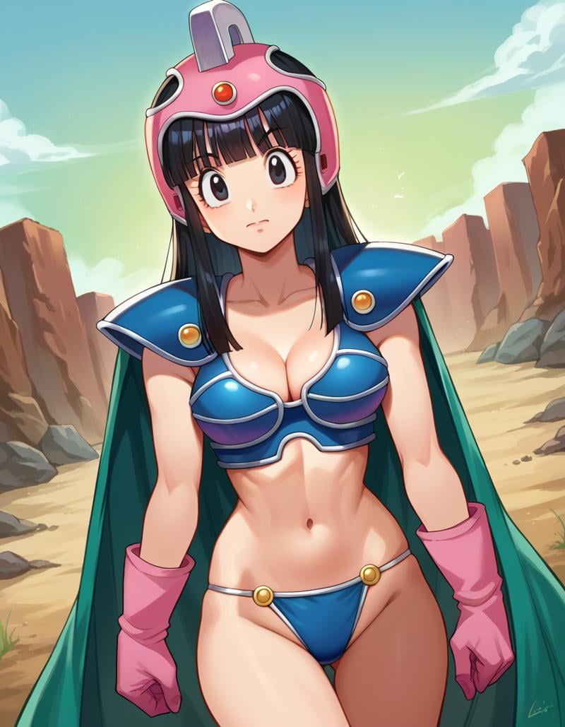 score_9, score_8_up, score_7_up, source_anime,dragonballchichi, <lora:dragonball-chichi-ponyxl-lora-nochekaiser:1>,chi chi, black eyes, black hair, long hair, hime cut, blunt bangs, sidelocks,armor, bikini armor, cape, collarbone, gloves, helmet, navel, pauldrons, shoulder armor, cleavage,outdoors, wasteland,looking at viewer, dutch angle, cowboy shot,