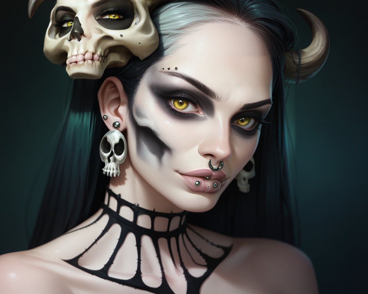 score_9_up, score_8_up, score_7_up, halloween makeup, 1girl, solo, jewelry, earrings, yellow eyes, looking at viewer, piercing, portrait, skull, lips, lip piercing, green eyes, <lora:NeoNi_HMUP:0.7>