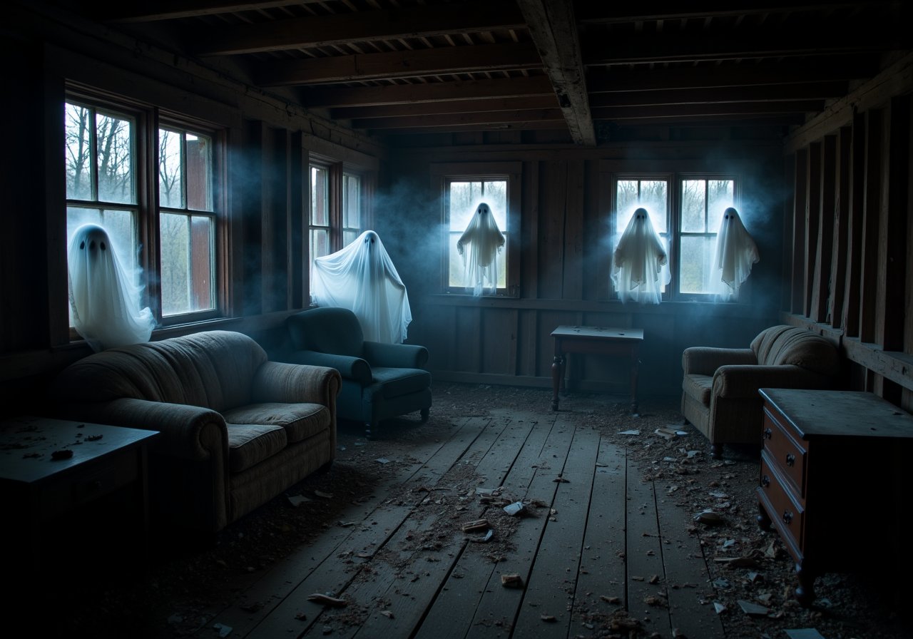 Ghosts in an abandoned cabin: The old wooden cabin creaks in the wind, its windows covered in cobwebs. Inside, pale, glowing ghosts drift from room to room, their forms flickering. They hover over dusty furniture, occasionally peeking through cracked windows, while their soft whispers fill the air.