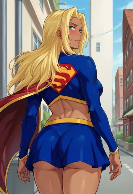 score_9,score_8_up,score_7_up BREAK <lora:supergirl110:1>,supergirlApocalypse,1girl,long hair,blue eyes,blonde hair,navel,midriff,dark skin,skirt,cape,dark-skinned female,lips,yellow belt,long sleeves,blue crop top,superhero,cowboy shot,street,from behind, looking back, ass focus, 