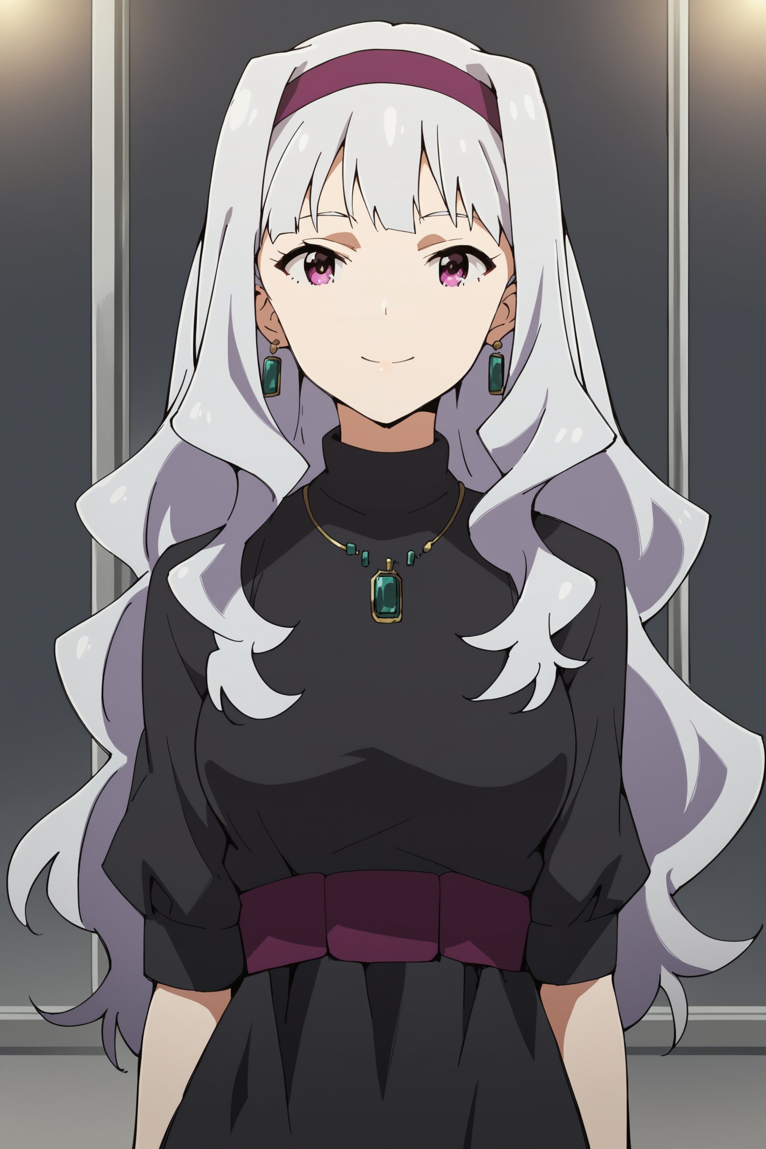 score_9, score_8_up, score_7_up, source_anime, uncensored, nsfw,  <lora:Takane_Shijou_The_iDOLMSTER_2011_anime_art_style:.8>1girl, solo, grey hair, long hair, purple eyes, breasts, Takane black dress with green brooch outfit , purple hairband, jewelry, necklace, pendant, dress,cowboy shot, looking at the viewer, mysterious smile