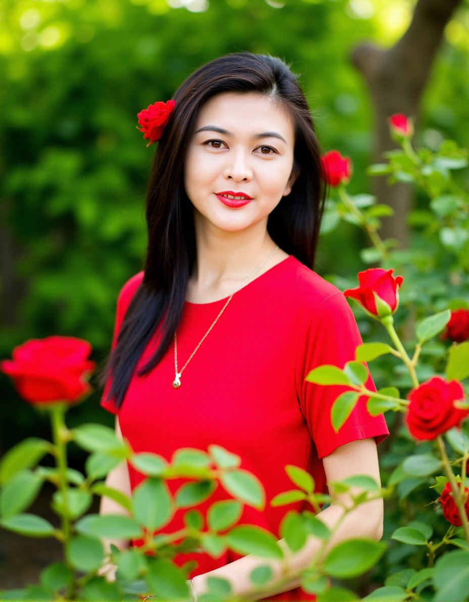 This is a photograph of a young woman standing in a lush, green garden. She has long, straight black hair that falls past her shoulders, and she wears a bright red blouse with short sleeves. Her hair is adorned with a single red rose on the left side, adding a vibrant pop of color to her appearance. The woman has a gentle smile and is looking directly at the camera, exuding a sense of calm and happiness.The background is filled with dense green foliage, with red roses and green leaves in the foreground. The roses are in full bloom, their petals vibrant and fresh, contrasting beautifully with the greenery. The sunlight filters through the leaves, casting dappled light on the woman and the flowers, creating a serene and natural ambiance. The background is slightly out of focus, emphasizing the woman as the central subject.Her necklace is delicate, with a small pendant that catches the light. The overall composition of the photograph is balanced, with the woman positioned centrally and the flowers framing her on either side. The image captures a moment of peaceful beauty in a garden setting.,GuanZhiLin, <lora:GuanZhiLin_Flux_V1-000001:1>