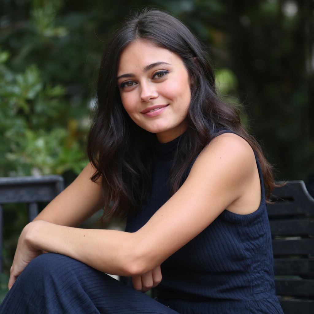 A portrait of ella_purnell with long, wavy black hair. She is seated outdoors, with a blurred background of greenery. The woman wears a sleeveless navy blue dress with a ribbed texture. Her pose is relaxed; one arm rests on her knee and the other is crossed over her chest. She has a neutral expression with a slight smile. The image style is candid and natural, capturing a moment of stillness and contemplation.