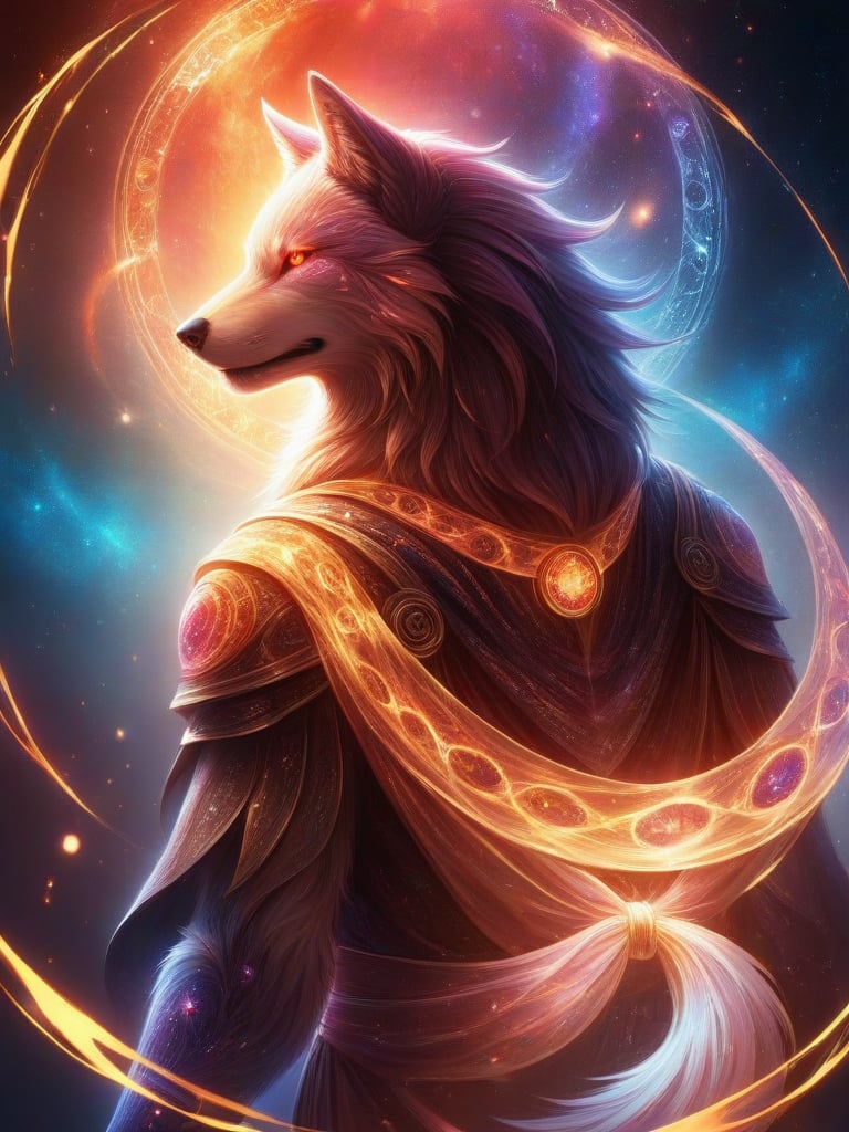 score_9,score_8_up,score_7_up,(closeup on face), view from behind,glowing tattoo, looking over shoulder, grimoire,(Solo), Red Wolf, glowing pink eyes, anthro wolf, long fur, body fur, grin with tooth showing,Detailed face, Detailed eyes, very aesthetic, intricate details,many magic circles, magic circles, magic array, back light, light particles, abstract, beautiful, Expressive,demonic portal, evil intent, apocalypse, Destroyed moon,ancient runes, interlinking rings,glowing red and gold robe, magical ribbons, magical scarf, golden accents, armor spikes,