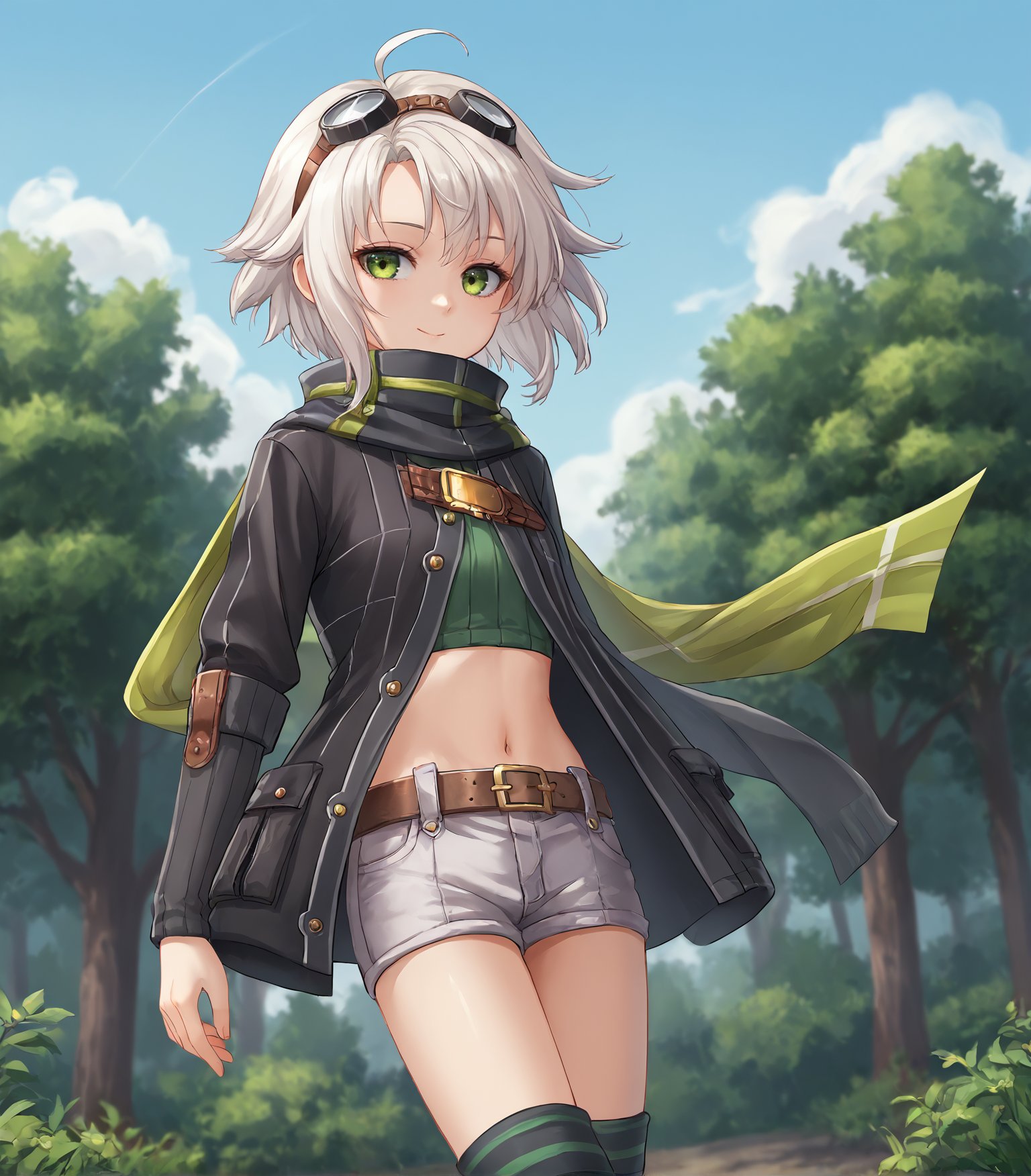 score_9, score_8_up, score_7_up, score_6_up, score_5_up, score_4_up, BREAK source_anime,1girl, solo,  cowboy shot  looking at viewer, smile, outdoors, sky, trees, <lora:Racoonkun_Artist_Style:0.6>, racoonsan,,   <lora:FieClaussellCS2:0.9>, Fie Claussell, white hair, medium hair, ahoge, green eyes, small breasts, petite, goggles on forehead, black jacket, green crop top, green scarf, short shorts, belt, striped socks, boots,