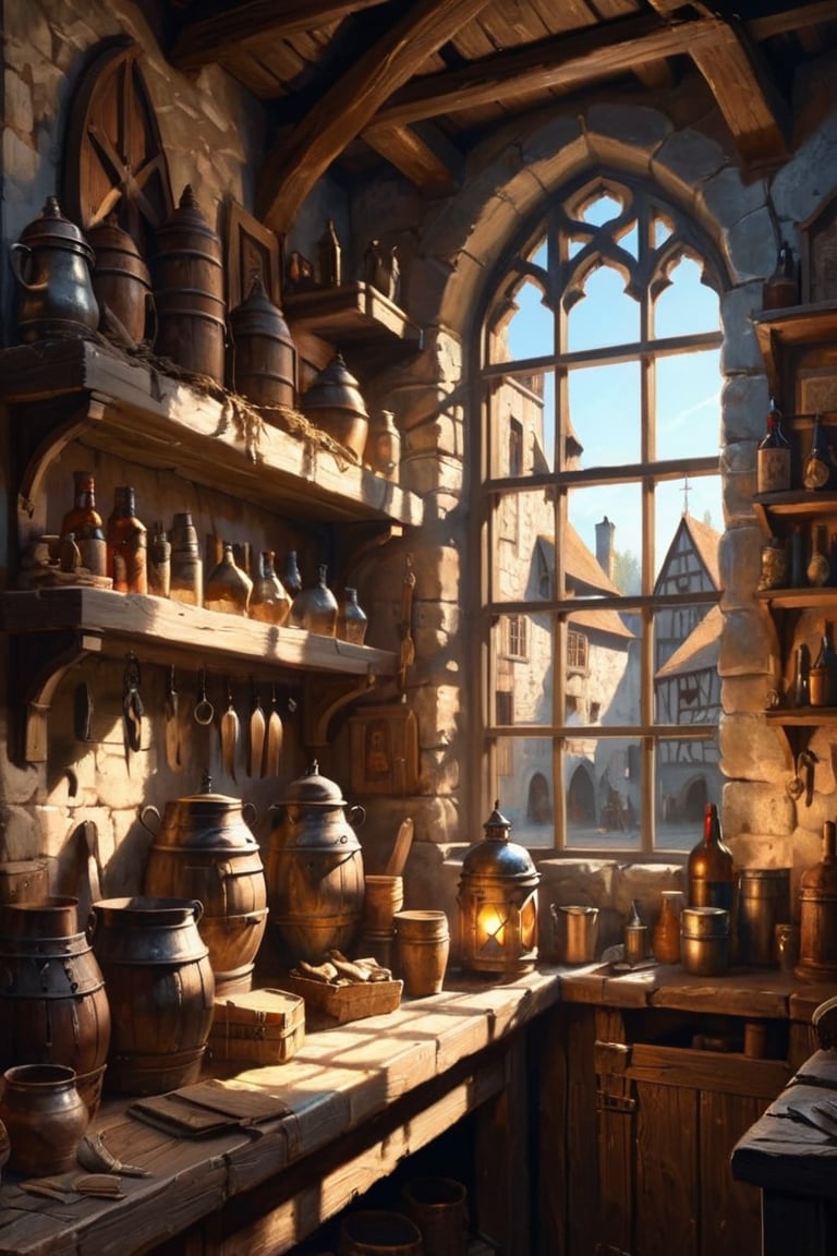 CXL-Home, medieval town tavern interior bright morning light shining through window(illustration:1.2) (best quality:1.2) (detailed) (intricate) (cinematic lighting)