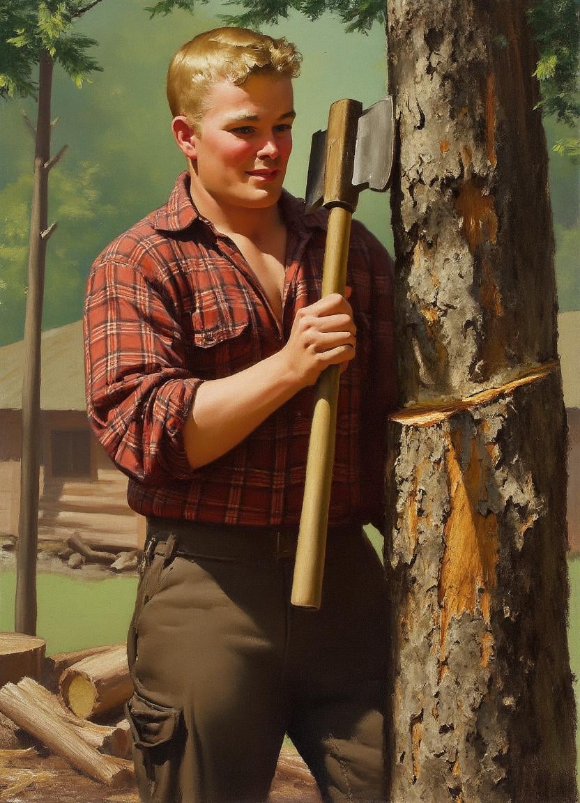 A realistic,  high-resolution image by Gil Elvgren. The central focus is a man holding an ax. He is muscular and has blond...