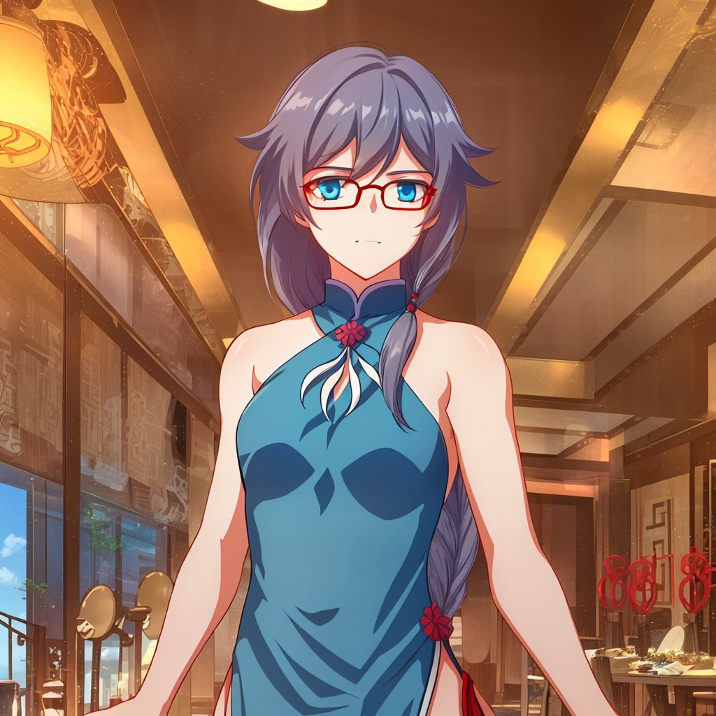 blue eyes, chinese clothes, china dress, blue dress, fu hua, thighhighs, braid, red-framed eyewear, hair between eyes, grey hair, red footwear, black legwear, bare shoulders, sleeveless, very long hair, messy hair<lora:符华-旗袍-月影:0.8>