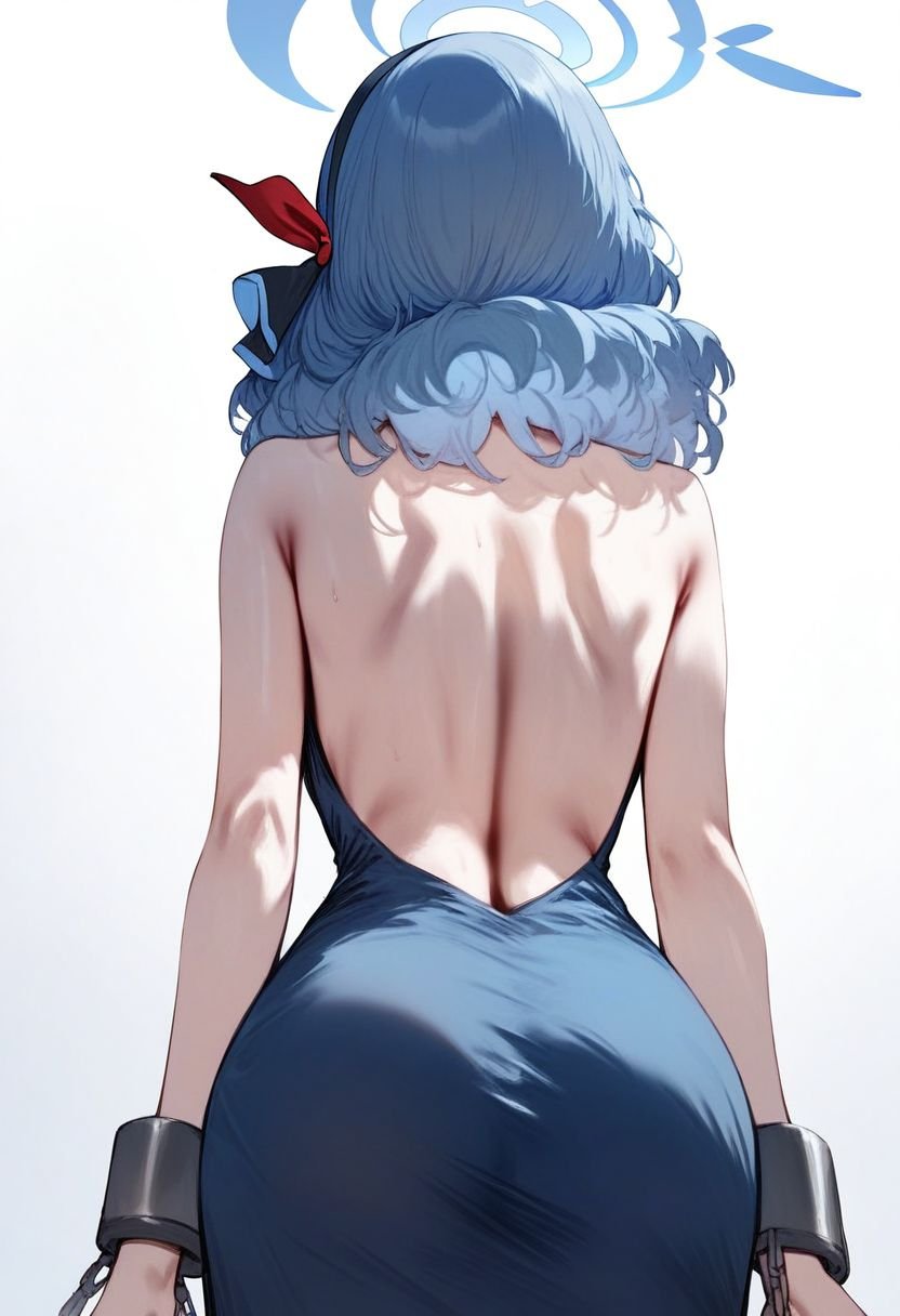 score_9, score_8_up, score_7_up, score_6_up, score_5_up, score_4_up, source_anime, <lora:SET v0.1:1>,1girl, ako (blue archive), ako (dress) (blue archive), blue hair, halo, solo, dress, from behind, blue dress, ass, official alternate costume, backless outfit, blue halo, simple background, back, backless dress, white background, sleeveless dress, sleeveless, hairband, bare shoulders, cuffs, facing away, black hairband, cowboy shot, medium hair, median furrow