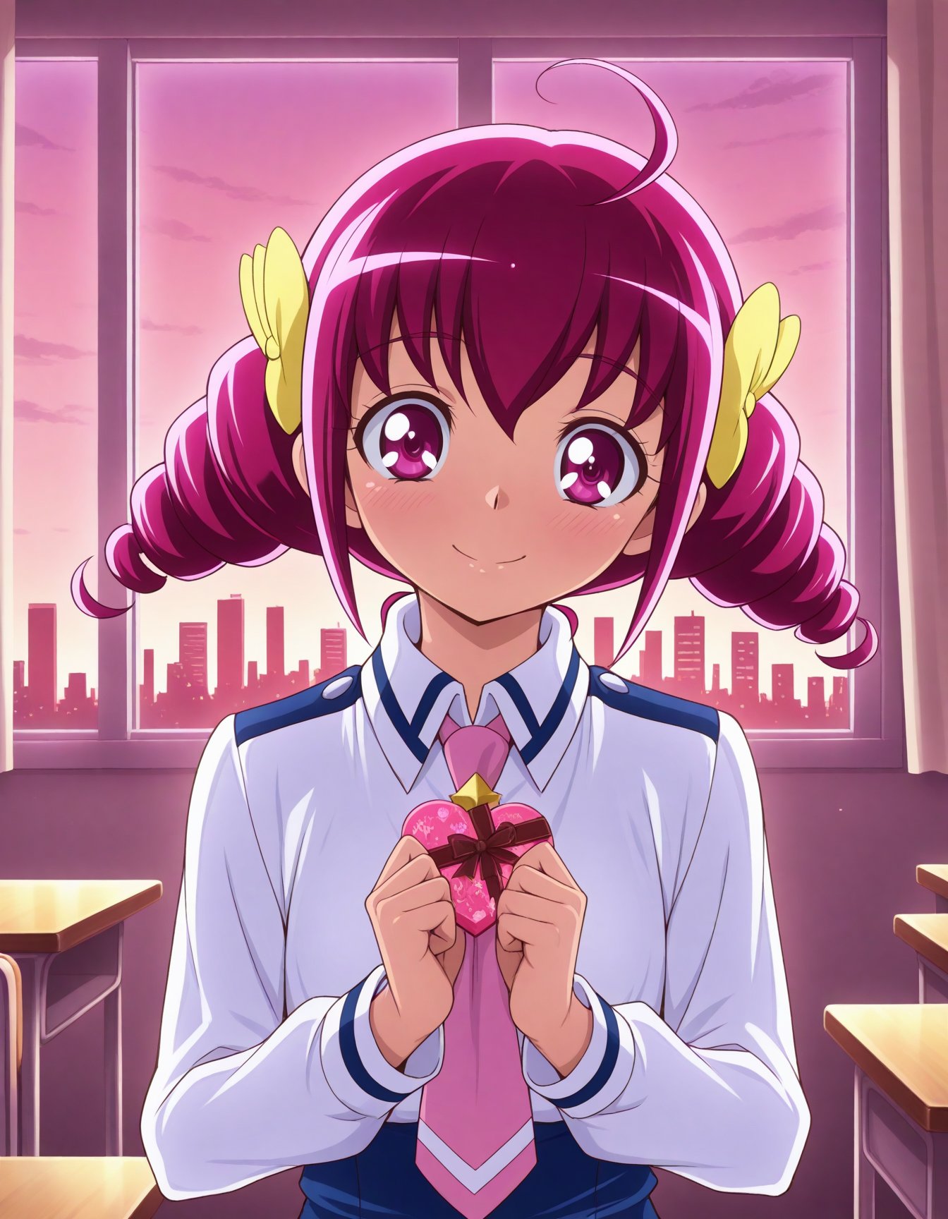 (tedain:1.1), (kaauchi:0.5),<lora:Hyper8:0.5> 1girl, solo,hoshizora miyuki, smile precure!, pink hair, twin drills, pink eyes, nanairogaoka middle school uniform, pink necktie, school classroom, window, sunset, cityscape, blush, happy valentine,, masterpiece, best quality, amazing quality, very aesthetic, absurdres