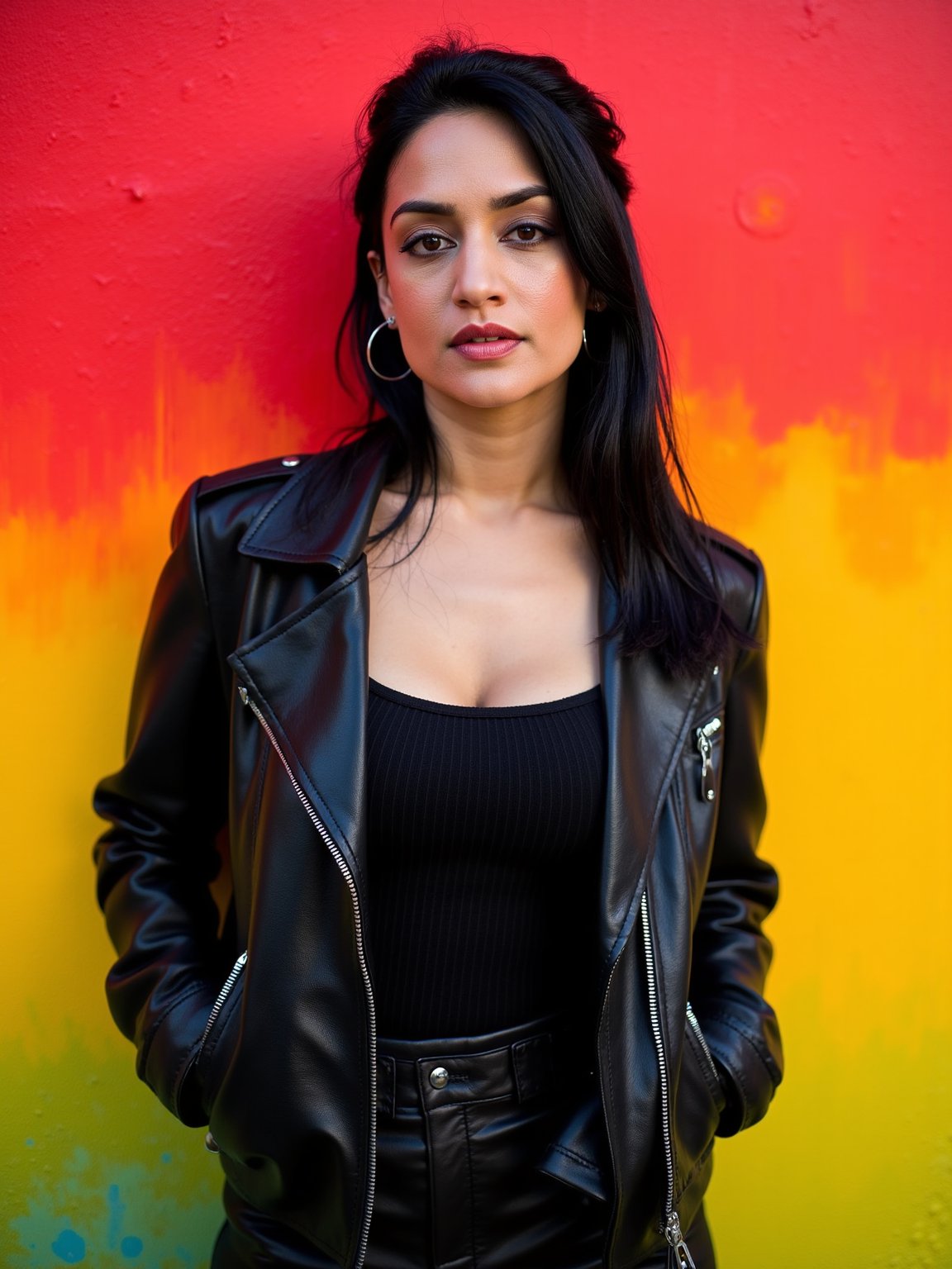 The image is a vibrant detailed portrait of archiepanjabi., a high-energy photograph featuring a woman standing confidently front of a gradient textured wall background that transitions from deep red at the top to a bright yellow at the bottom, with a hint of blue and green in the middle left and right. The woman has a medium complexion and straight, dark hair styled back in a loose, casual manner. Her eyes are a striking brown, and she has a subtle, natural makeup look with a focus on her lips, which are painted a soft pink. She is dressed in a sleek, black leather jacket with a subtle shine, zipped up, paired with a fitted, black top with thin vertical pinstripes. The jacket has long sleeves and is cinched at the waist, accentuating her slender figure. She stands confidently with her hands in her jacket pockets, exuding a poised and assertive demeanor with her eyes looking directly at the camera and her lips slightly parted. <lora:Archie-Panjabi_flux1D_LOREVER:1>