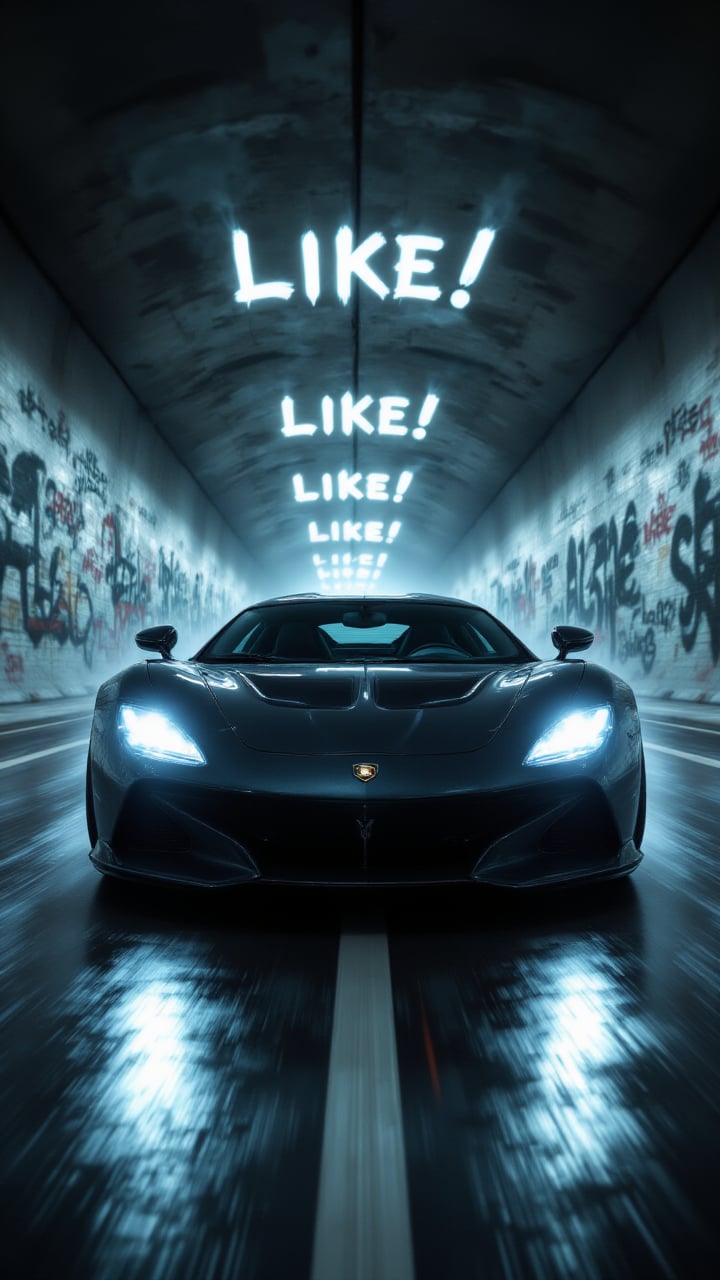 "A sleek sports car racing through a tunnel, headlights illuminating the words "LIKE!" sprayed as graffiti on the tunnel walls." , aidmafluxpro1.1