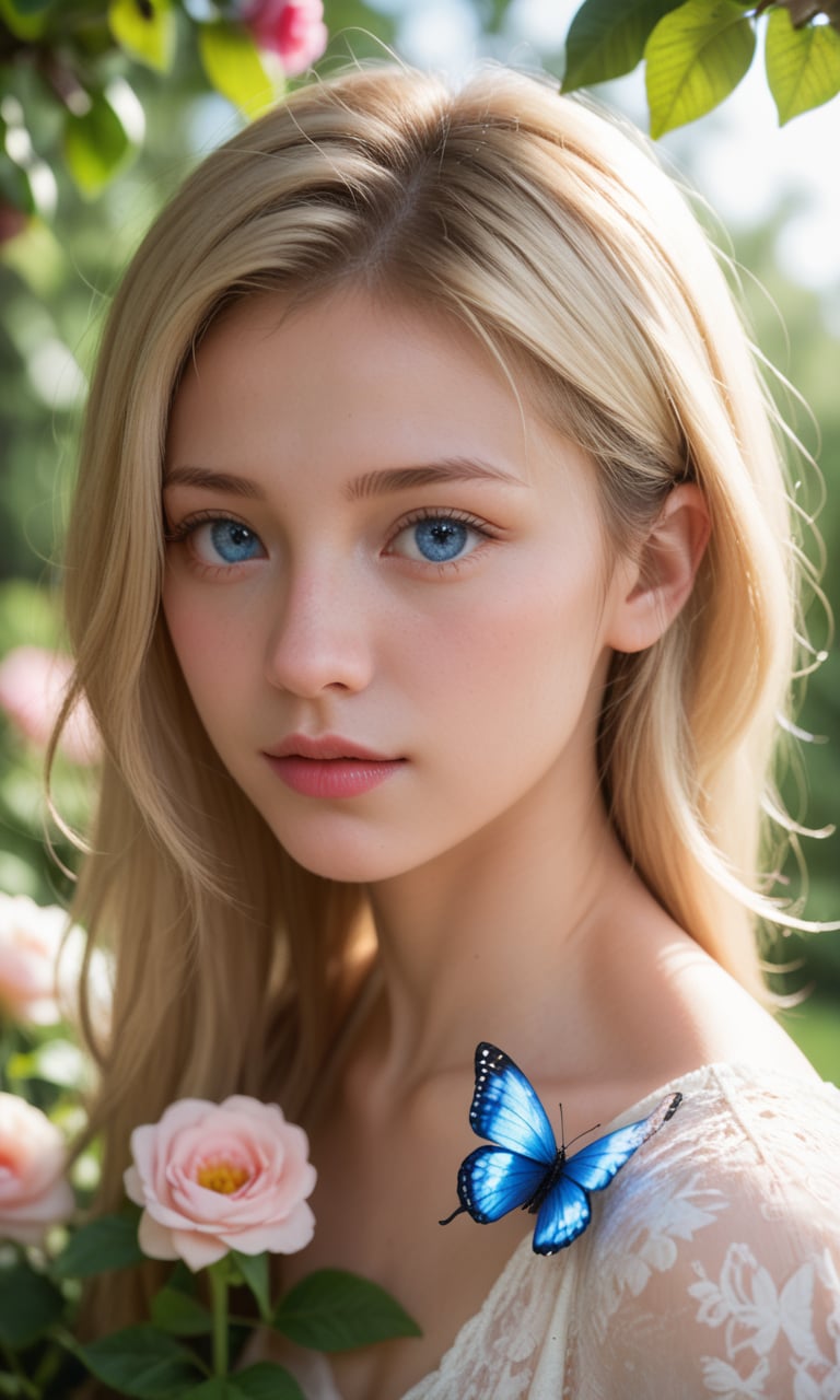 score_9, score_8_up, score_7_up, score_6_up, score_5_up, score_4_up, realistic, photo, raw lighting, BREAK, portrait, 1girl, solo, blonde hair, blue eyes, masterpiece, best quality, ultra-detailed, floating, beautiful detailed eyes, detailed light, fruits, flowers, colorful, garden, colorful background, forest, butterfly