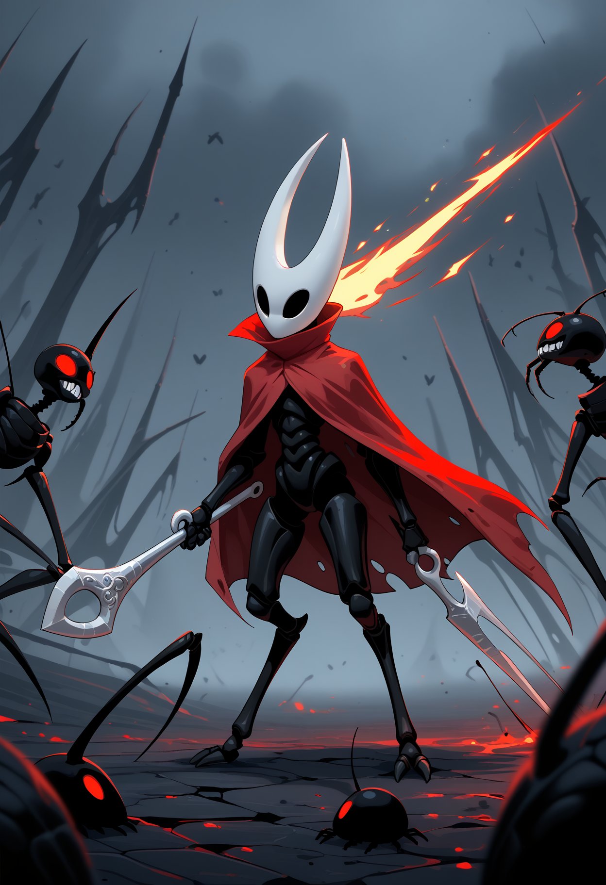 solo,hornet \(hollow knight\),arthropod,exoskeleton,black body,white mask,empty eyes,red cloak,digitigrade,featureless feet,2 toes,raise your weapon and point to the sky,the background of terror,there are monsters everywhere,the weapon flashed a terrifying red flash,