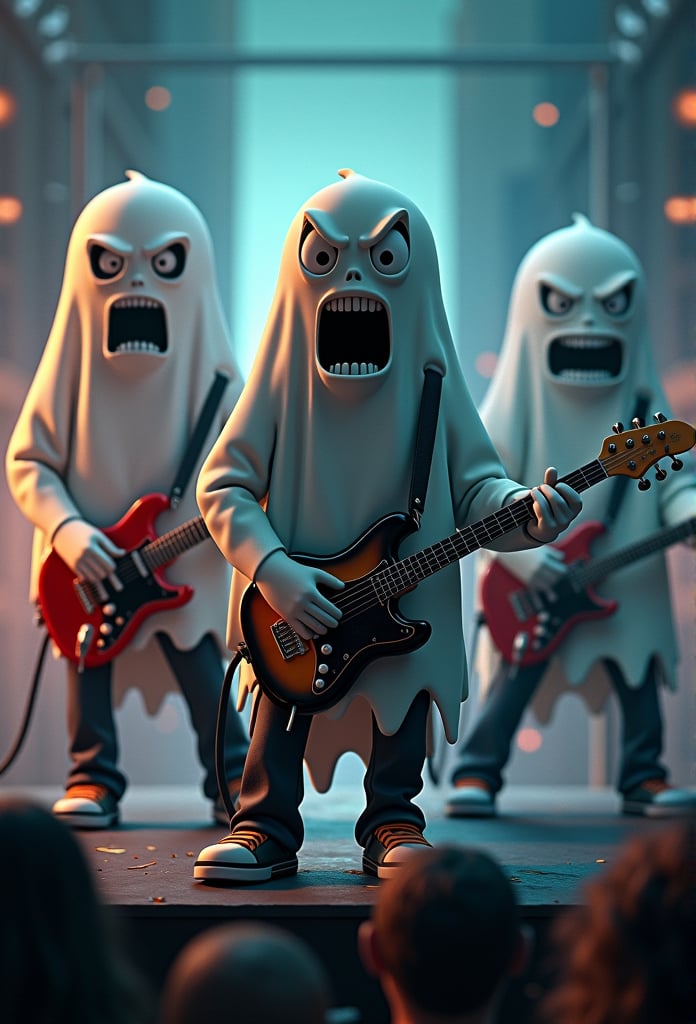 Ghosts rock band on stage In the style of PIXAR, Guitarist, drummer, bass player, singer, (Cinematic), (oversized facial features:1.5), (caricature:1.4), Raw 3D render of a rock band of ghosts, Huge heads, big eyes, open mouths, angry faces, Poster, City background, view from above