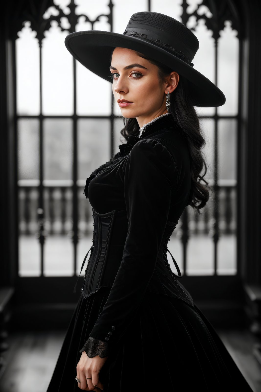 a Victorian-era gothic woman standing elegantly, (wearing a wide-brimmed black hat:1.2), long flowing Victorian dress with intricate lace details and a (tight corset:1.1), pale skin, piercing green eyes, all-black clothing, dark and mysterious atmosphere, her expression calm yet haunting, standing in front of a dimly lit Victorian mansion, high contrast between her pale skin and dark attire, 8k resolution, cinematic lighting, medium shot, detailed face and fabric, side view, gothic elegance, eerie mood