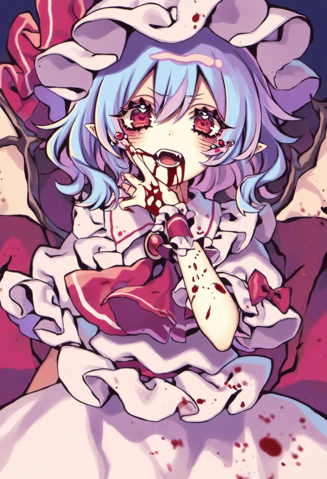 1girl, artist:kyouda suzuka, upperbody, remilia scarlet /(touhou/), blood on mouth, vampire