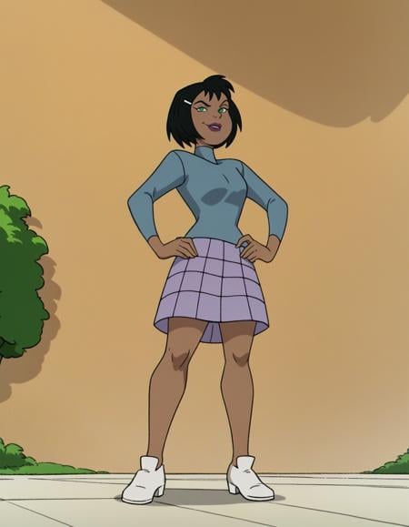 score_9, score_8_up, score_7_up, xmadelynx, black hair, short hair, hairclip, green eyes, lipstick, dark-skinned female, turtleneck, long sleeves, skirt, white shoes, outdoors, 1girl, solo, looking at viewer, naughty face, standing, posing, hands on own hips, from below,  <lora:madelynspaulding-ss:1>