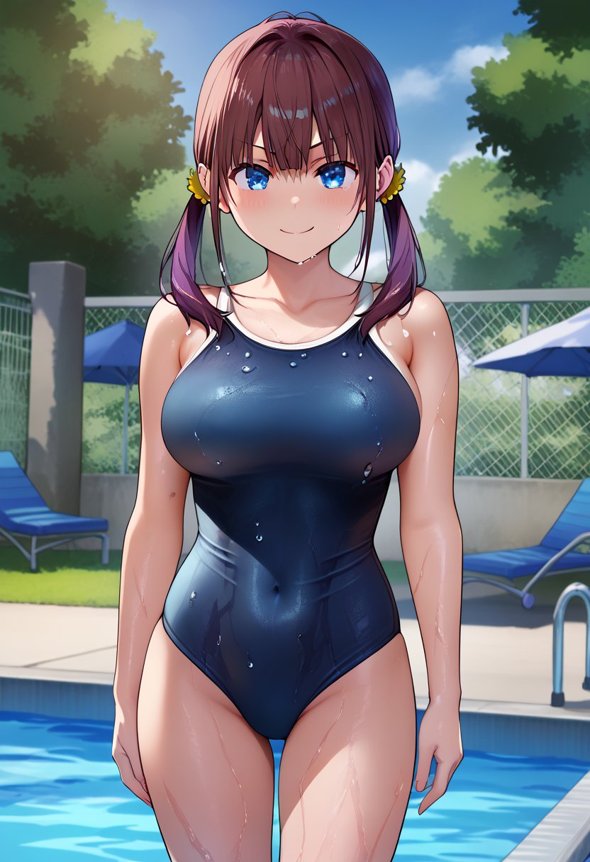 score_9, score_8_up, score_7_up, BREAK source_anime, best quality, masterpiece,very aesthetic, zPDXL2,official art,detailed_eyes,1girl, solo,hiyori (wakana hanabi), blue eyes, brown hair, large breasts, twintails, hair ornament, long hair,teenage, breasts,  competition school swimsuit, covered navel, <lora:hiyori (wakana hanabi)_pony_v1:1>(wet clothes, wet hair, sweaty),blush, ( standing:1.3),(dynamic pose),smirk, closed mouth,looking at viewer,(cowboy shot,:1.4),outdoors, ,poolside,