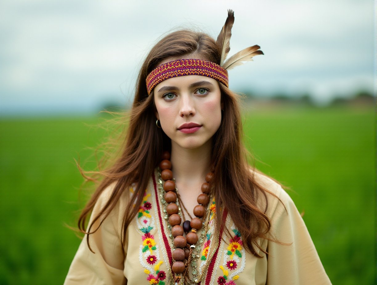 This is a vibrant photograph of a young woman standing in a lush, green field under a cloudy sky. She has long, wavy brown hair cascading over her shoulders, and she is wearing a headband with a zigzag pattern in red and orange. Her face is adorned with large, Her skin is fair, with a scattering of freckles across her cheeks and nose. She has a relaxed, slightly pensive expression, with her lips slightly parted.Her attire is eclectic and bohemian. She wears a beige, long-sleeved top with intricate, colorful embroidery on the shoulders. Around her neck are multiple layers of beads and pendants, including a large, brown wooden bead and several smaller, colorful ones. Her left ear is adorned with a feather earring that adds to her bohemian look. The background features a vast, green field that stretches out to the horizon, where the sky meets the land, creating a soft, blurred effect. The overall mood of the image is serene and whimsical, capturing a moment of tranquility in nature.,Margaret Qualley,<lora:Margaret_Qualley_Flux_V1:1>