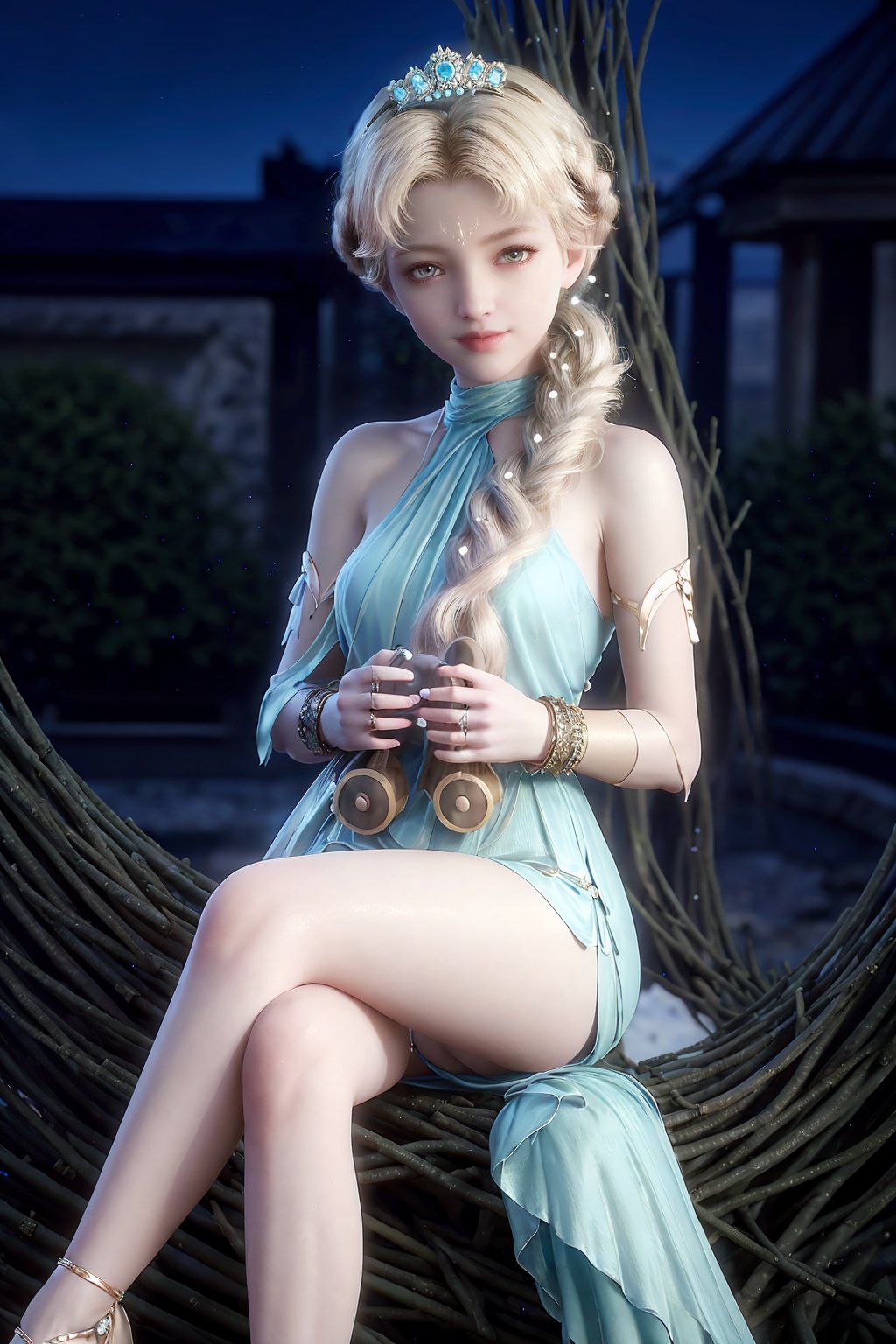 cinematic film still (8k), (raw  photo), (best quality), (hyper detailed),  (masterpiece:1.2), (realistic:1.2),(photorealistic:1.3).(the image is a 3d rendering of a female figure in a graceful pose).<lora:syqiangk_加强_赫M拉_C9_5.2:0.8>,1girl, solo, blonde hair, braid, dress, tree, bracelet, night, jewelry, long hair, blue eyes, tiara, outdoors, flower, armlet, blue dress.(fair skin:1.3), (pale skin:1.3),full shot. sitting, (crossed legs), nude, nsfw, looking at viewer . shallow depth of field, vignette, highly detailed, high budget, bokeh, cinemascope, moody, epic, gorgeous, film grain, grainy