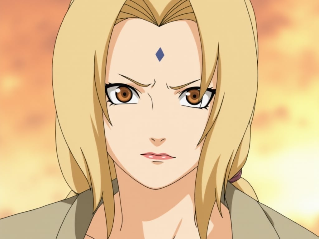 This image is a digital drawing in the anime style, featuring a close-up portrait of a young woman with a serious expression. The woman has light skin and long, straight, golden-blonde hair that cascades around her shoulders. Her eyes are large and brown, with a slight upward tilt at the corners, giving them a gentle, expressive look. She has a small, slightly parted mouth with pink lips, and her eyebrows are arched, adding to her intense gaze.The background of the image is a soft, gradient of warm, golden hues, suggesting a sunset or a warm, glowing light source. The woman's expression is focused and slightly concerned, with her eyebrows slightly furrowed and her lips slightly parted, as if she is about to speak or react to something. She is wearing a simple, light-colored top that is not visible in the image, and her hair appears to be styled in a loose, natural manner. The overall composition and color palette evoke a sense of warmth and depth, focusing the viewer's attention on the woman's face and expression.,tsunade,<lora:Tsunade_Flux_V1_r1:0.8>