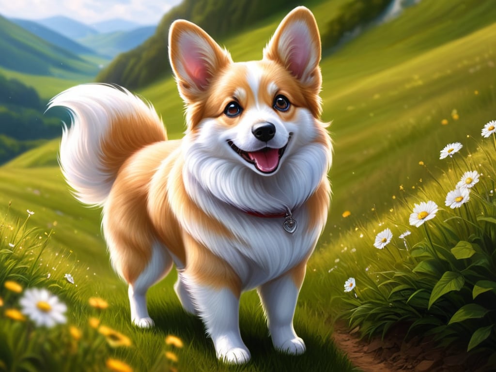 score_9,score_8_up,score_7_up,lots of small parts, ultra detailed,realism, realistic, Solo, fluffy corgi, large eyes, detailed eyes, detailed fur, fluffy, soft, adorable, the goodist of boys,happy, super cute, ultra-adorable, short grass, flowing hills, lots of hills, windy, love,