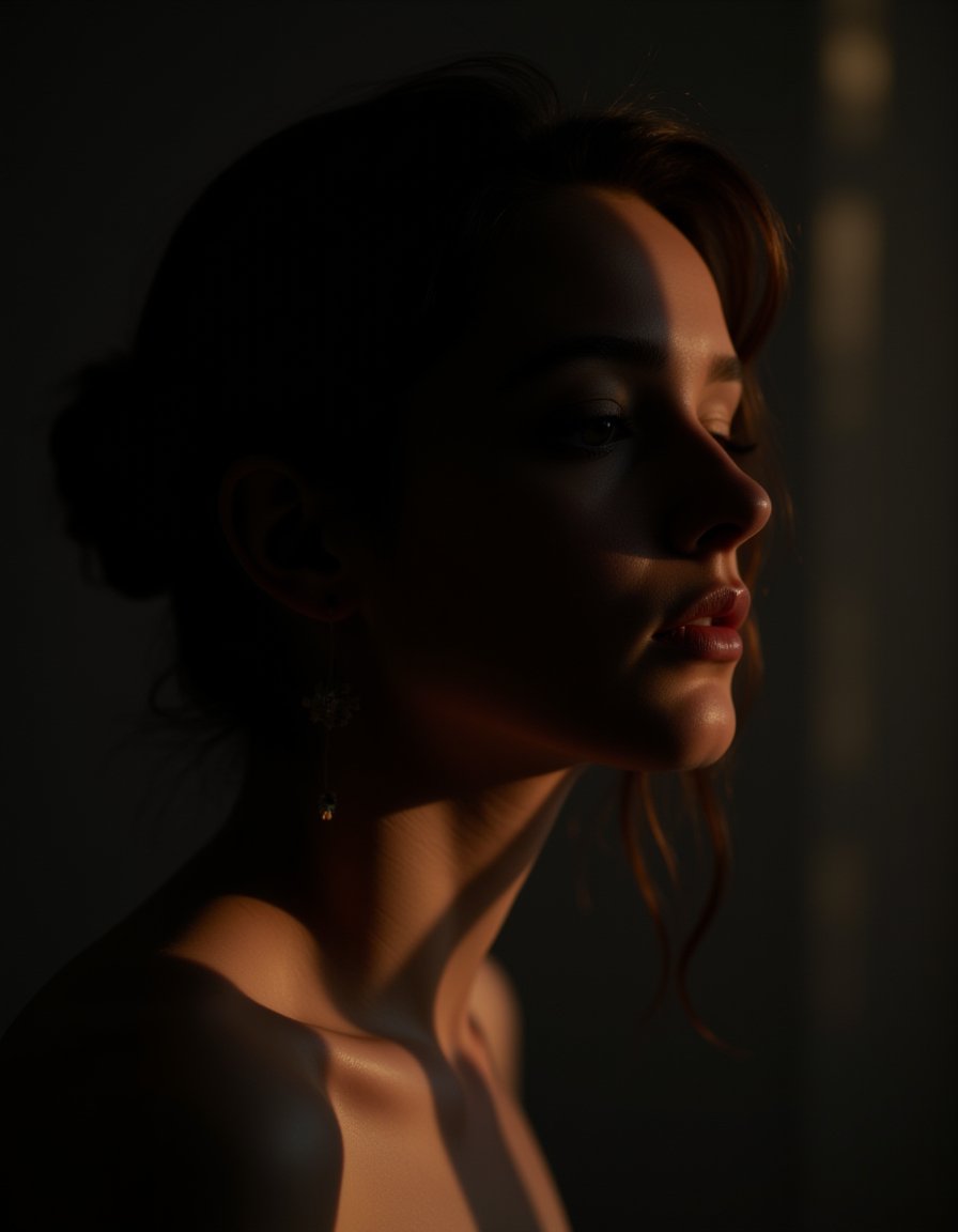 (beautiful 18 year old western girl:1.2),Canon lens,Gauss blur,A side profile of a person,captured in a dramatic,low-key style. The subject is illuminated from the left,casting a soft glow on their face and neck,which contrasts sharply with the subject's light and shadow,creating a sense of depth and dimension. The person's hair is pulled back,allowing a clear view of their facial features and the texture of their skin. The overall mood of the image is introspective and serene,with the play of light and dark adding to the dramatic effect.,